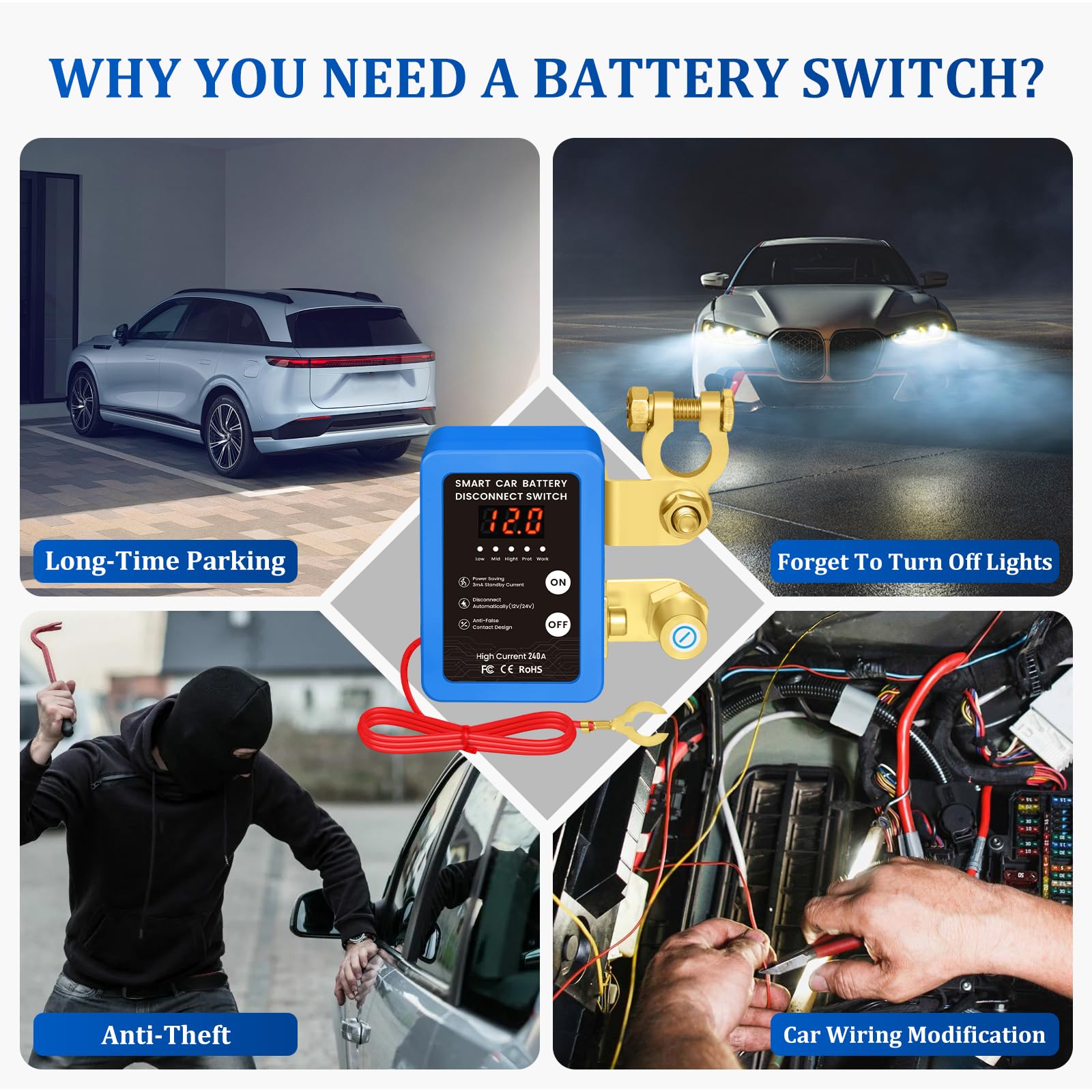 Interruttore di batteria telecomandato senza fili, tazza circuito batteria 12 V 240 A telecomando, interruttore di spegnimento automatico con display a LED per 12 V auto campeggio auto ATV camion