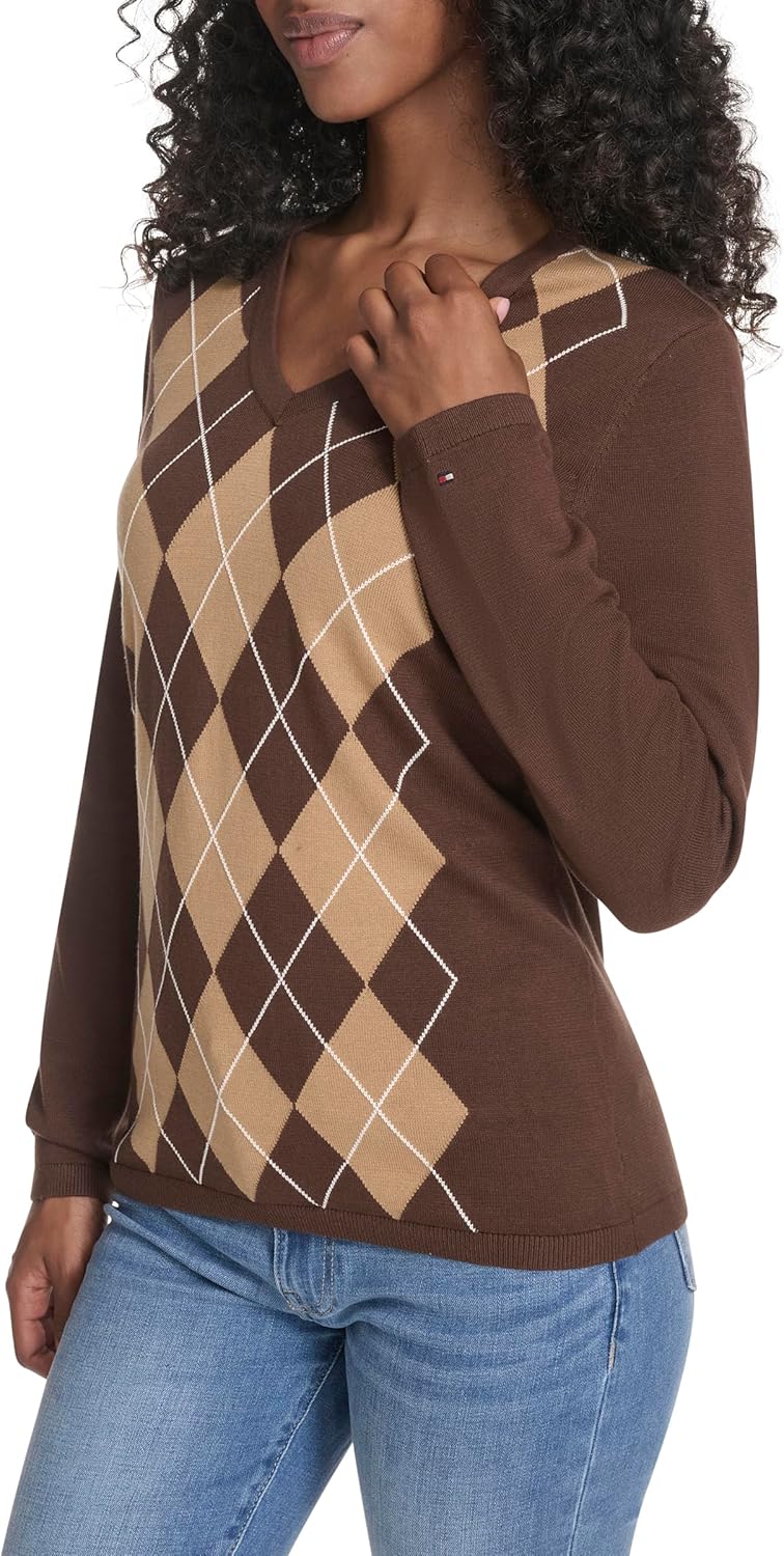 Tommy Hilfiger Womens Long Sleeve Cotton Argyle V-Neck Sweater - Image 3