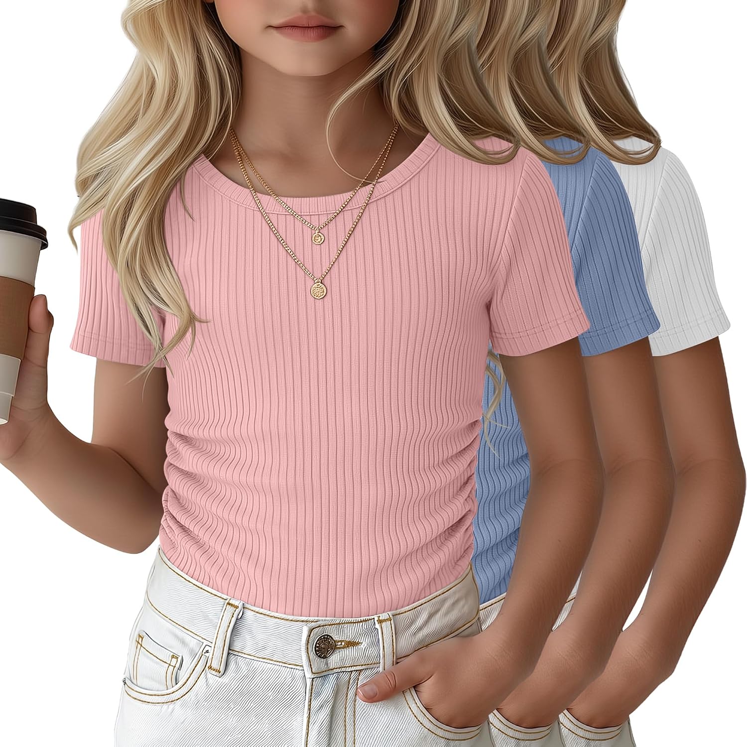 Oakgarden 3 Pack Girls' Short Sleeve T Shirts Crew Neck Ribbed Tops Kids Slim Fit Side Ruched Tees Summer Casual Basic Shirts