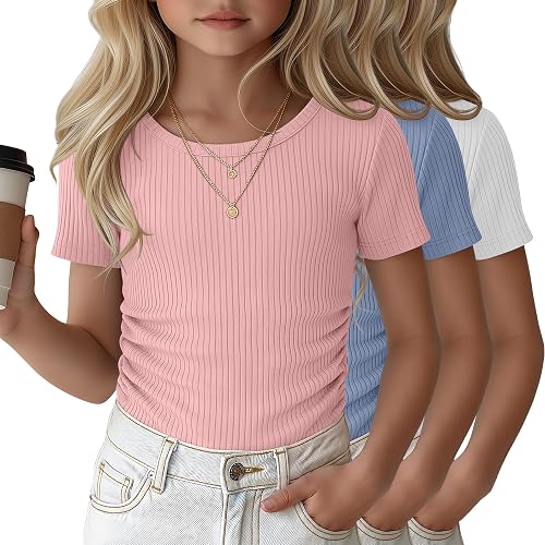 Oakgarden 3 Pack Girls' Short Sleeve T Shirts, 3-Color, 13-14 Years