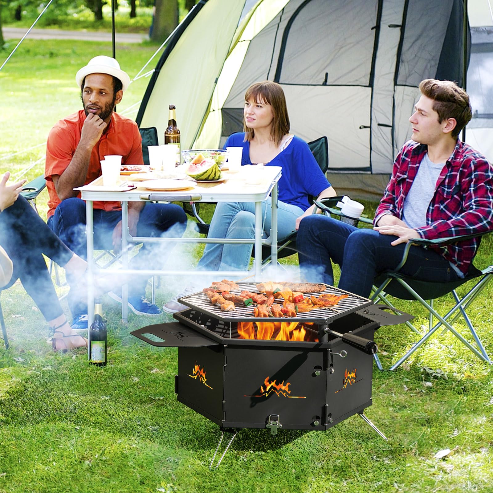 KOMFOTTEU Barbacoa de Carbón Grande 2 en 1 con Parrilla Giratoria 360° | Barbacoa de Camping de Acero al Carbono, 77 x 74 x 38 cm, Negro