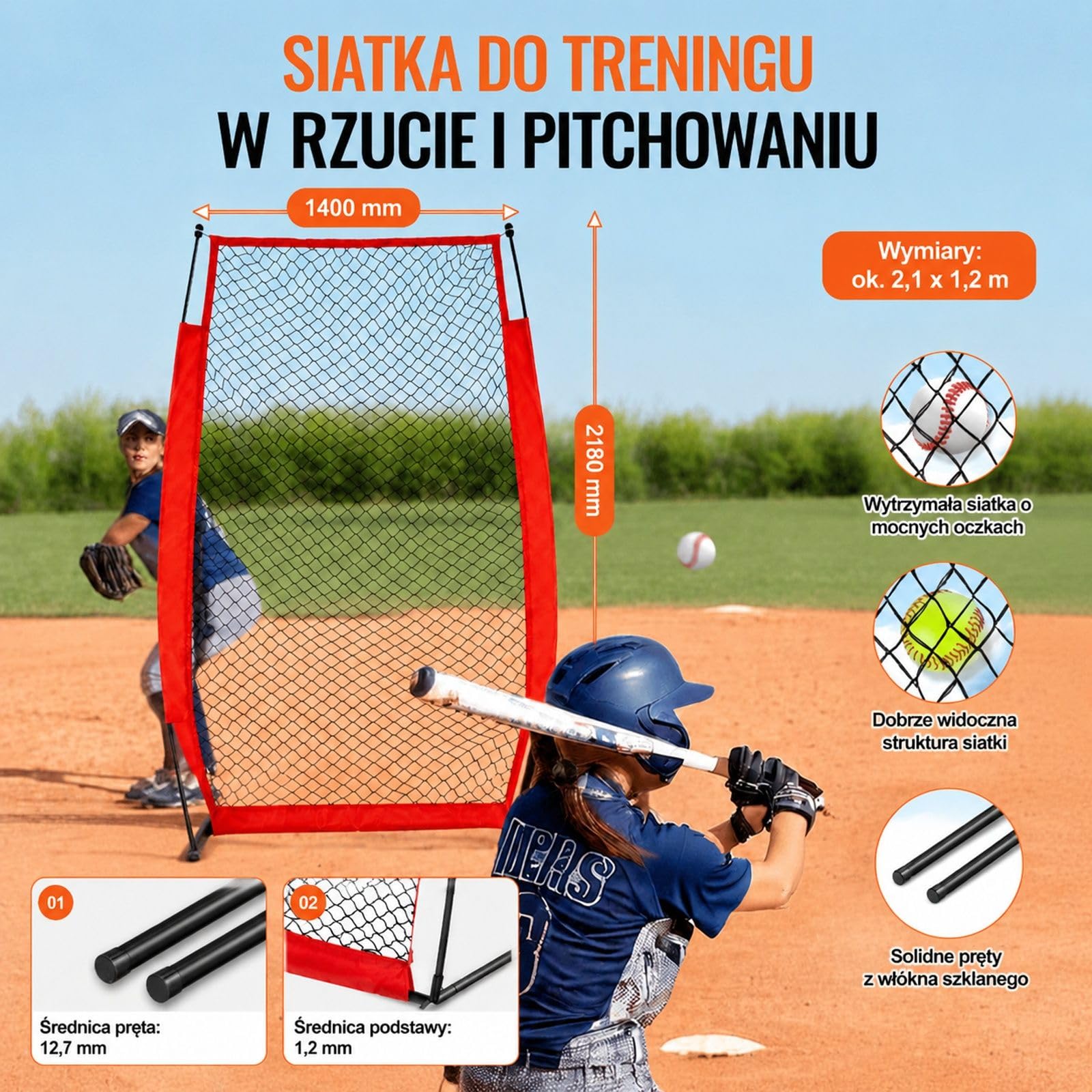 Ekran do odbijania baseballu i softballu, przenośna siatka treningowa typu I, czerwona, z torbą transportową i kołkami do gruntu