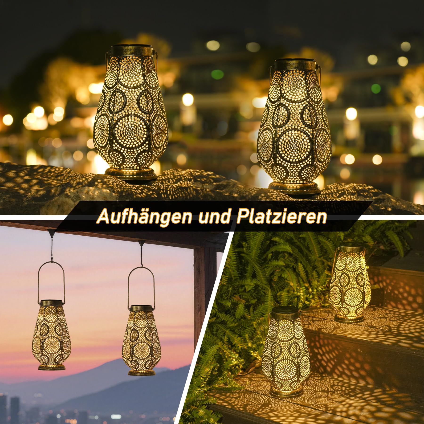 JOYCREATOR Lanterna solare per esterni, IP65, resistente alle intemperie, per esterni, da appendere, in metallo, per esterni, cortili, prati, giardini, regali di Natale per donne (bronzo/grande)