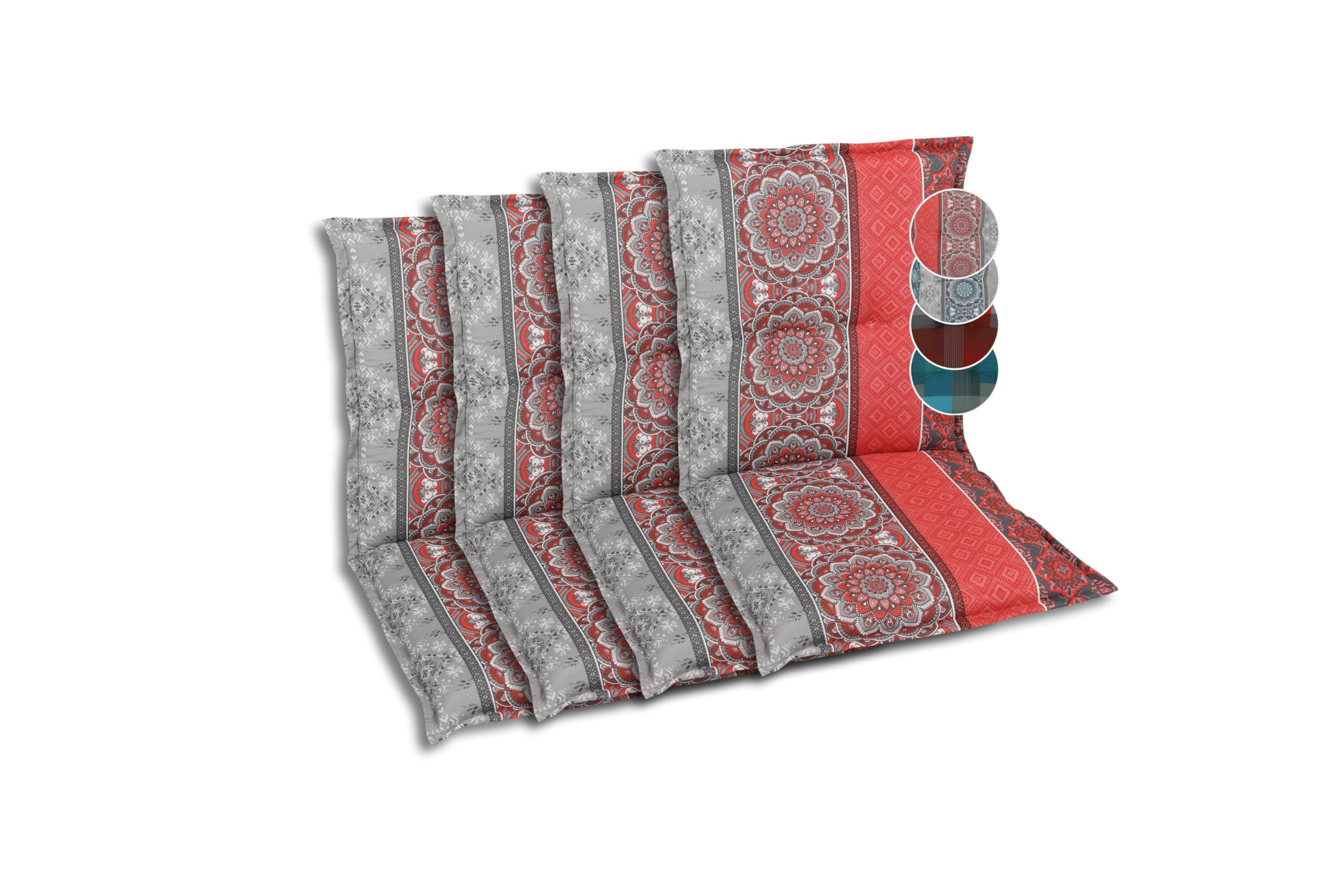 GO-DE Textil Bequeme und attraktive Polsterauflagen für Niederlehner-Gartenstühle (4er-Set, Ornamentstreifen rot, Niederlehner)