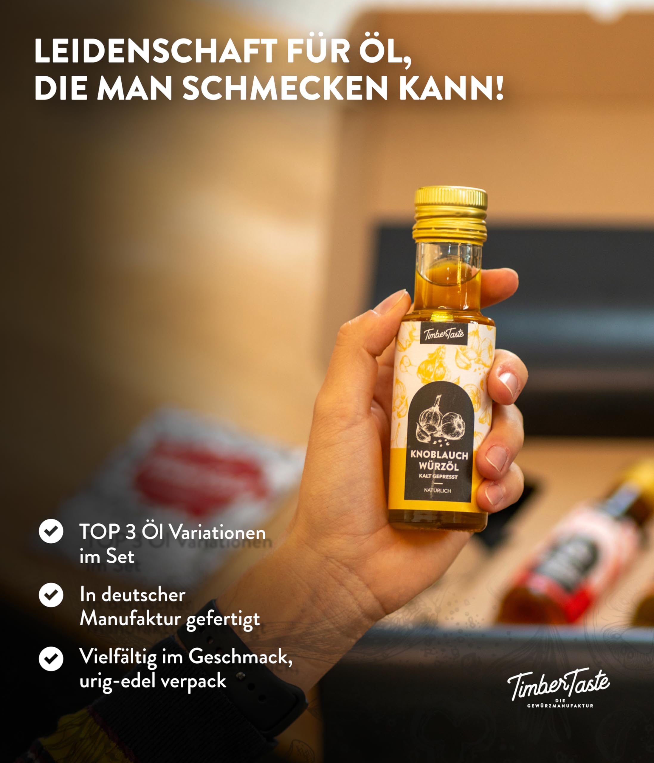 TIMBER TASTE® Öl Geschenkset für Männer RUSTIKAL - 3 erlesene Speiseöle 3x100ml - Premium Öl Set Geschenk Set