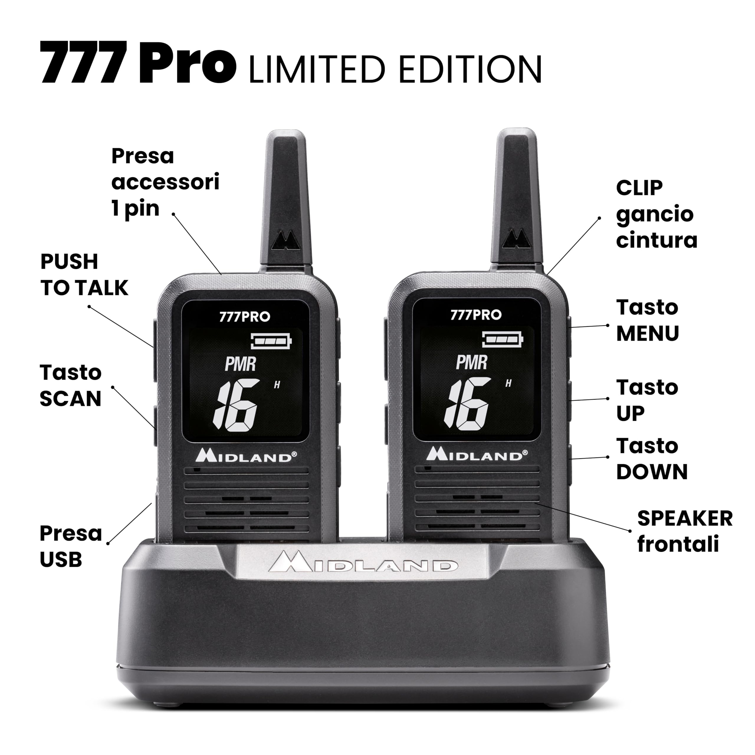 Midland - Walkie Talkie 777 Pro Limited Edition, 2 Ricetrasmittenti 85 Canali PMR446/LPD, 38 CTCSS, VOX, 2 Batterie, Display LED, 2 Cuffie MA21-777 Pro, Caricatore Doppio, 1 Cavo MicroUSB, Valigetta