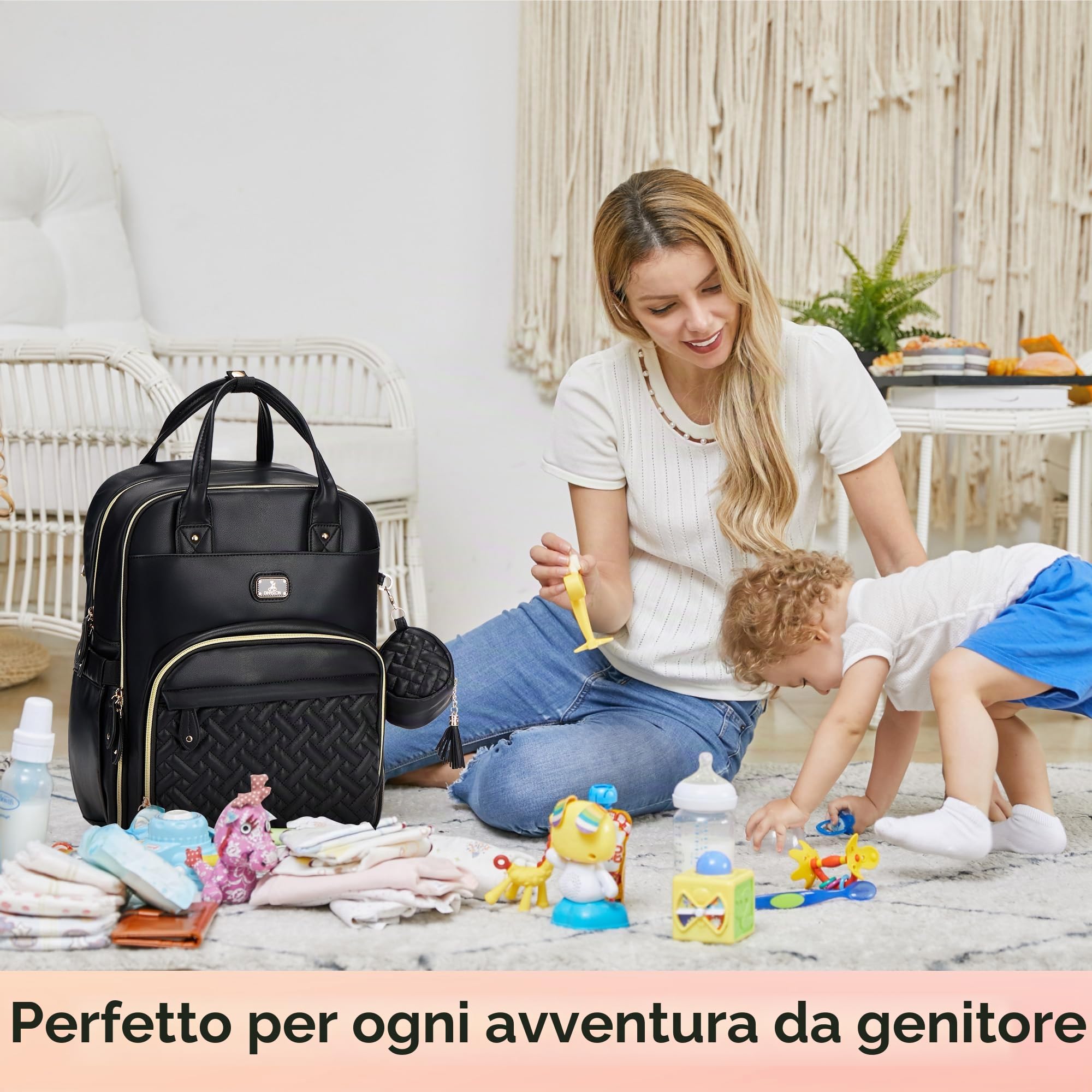 Dikaslon Borsa Zainetto Fasciatoio, Grande Multifunzione Zainetto Bebè Portatile, Porta Ciuccio e Cinturini per Passeggino, per Mamma e Papà Nero