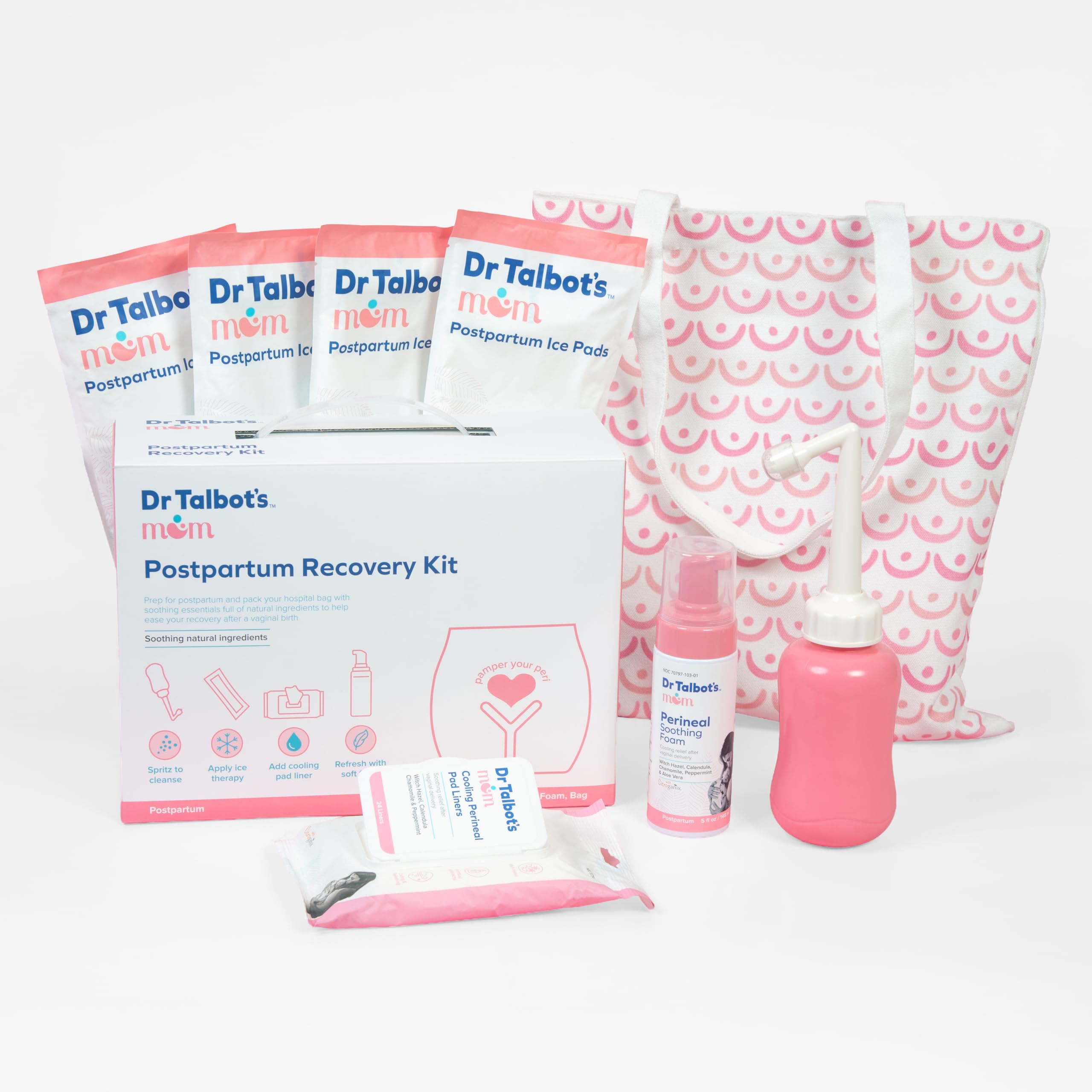 Dr. Talbot’s Mom Postpartum Recovery Kit, Hospital Bag Essentials, Includes Peri Bottle, Perineal Soothing Foam, 4 Postpartum Ice Pads & 24 Perineal Pad Liners