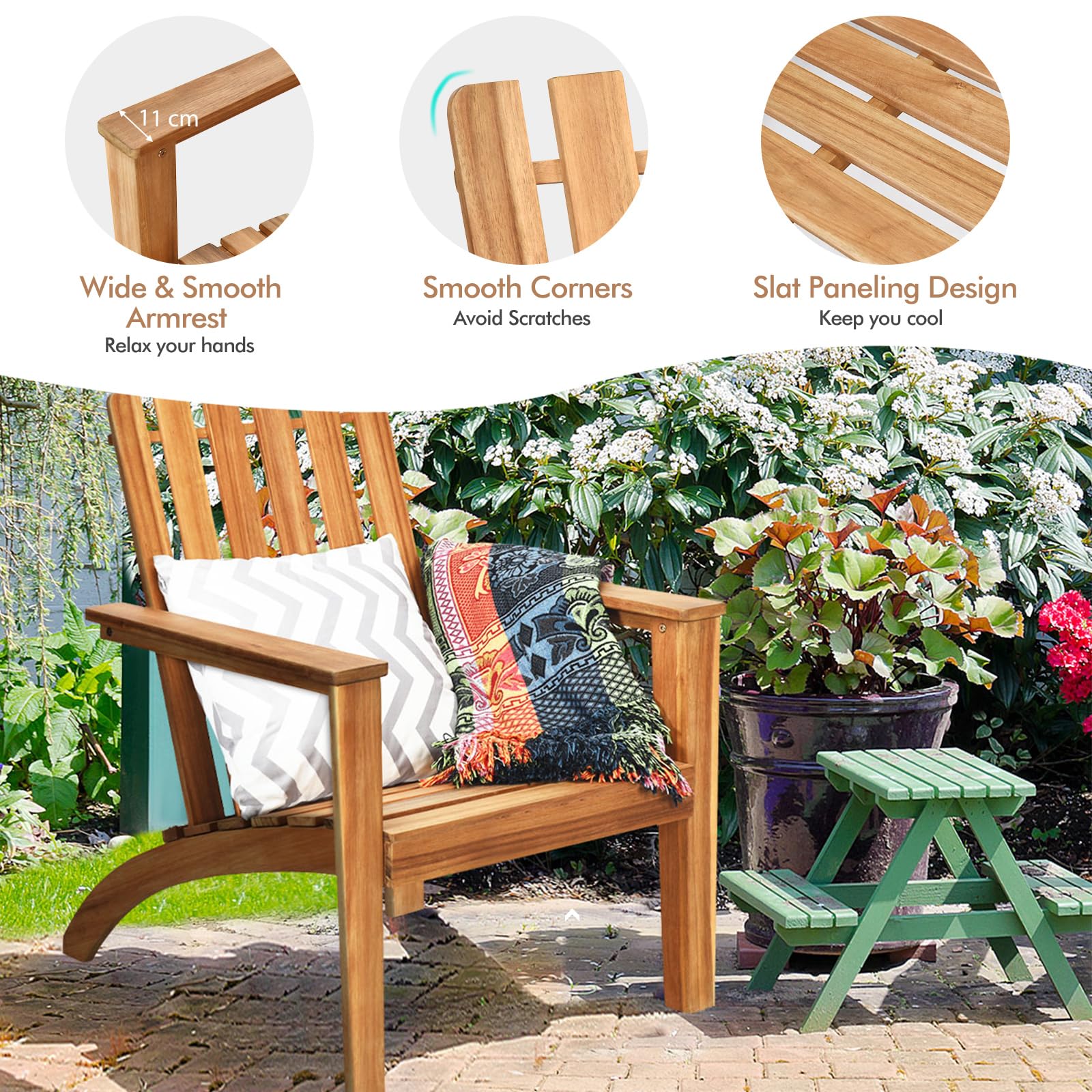 KOMFOTTEU Adirondack - Sedia da giardino in legno di acacia, con schienale e braccioli, ergonomica, da giardino fino a 160 kg, per balcone, giardino, spiaggia (naturale)