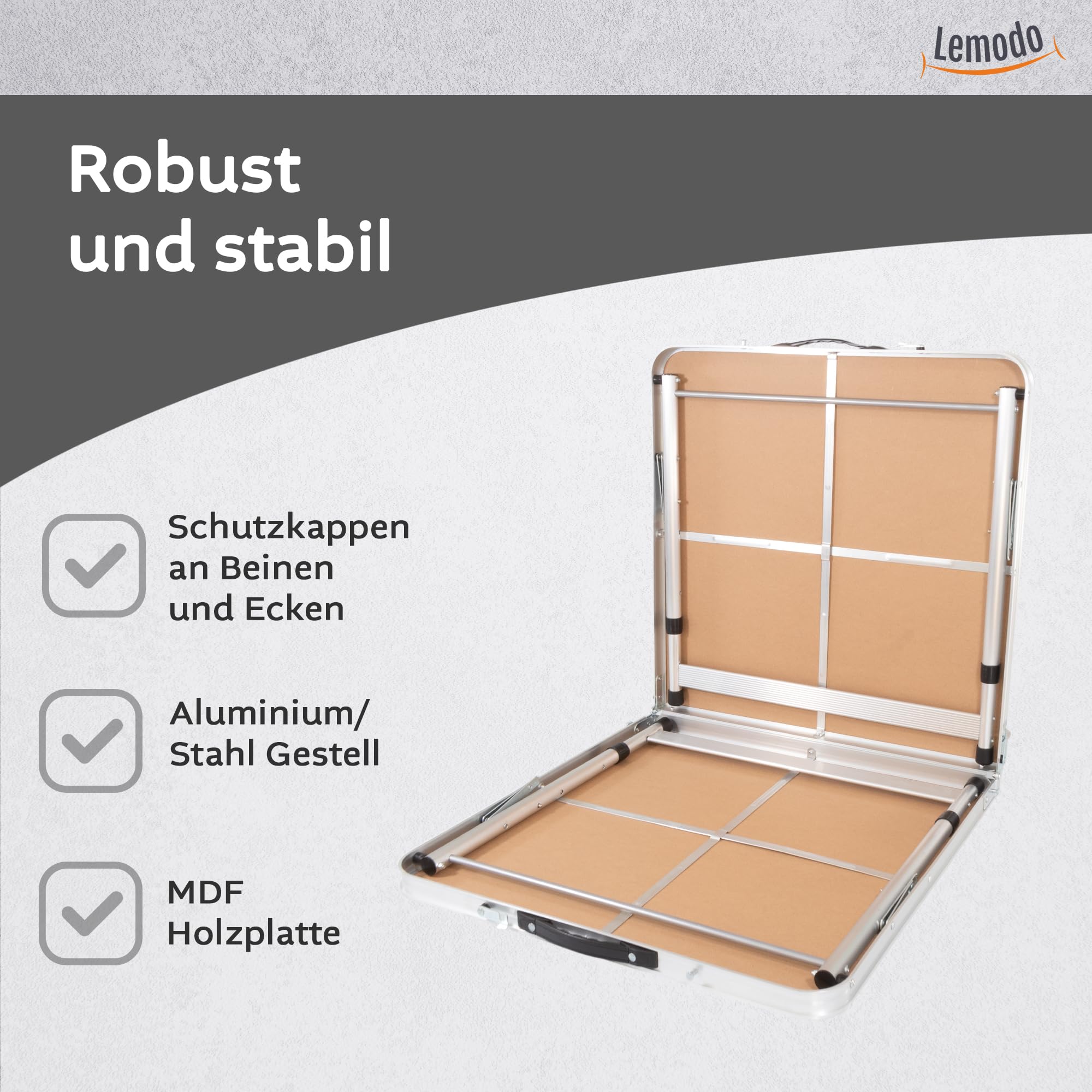 Lemodo Campingtisch schwarz klappbar | Klapptisch 3-Fach höhenverstellbar | Falttisch 120 x 60 cm | Leicht zu transportierender Partytisch | Koffertisch für Verschiedene Anwendungen