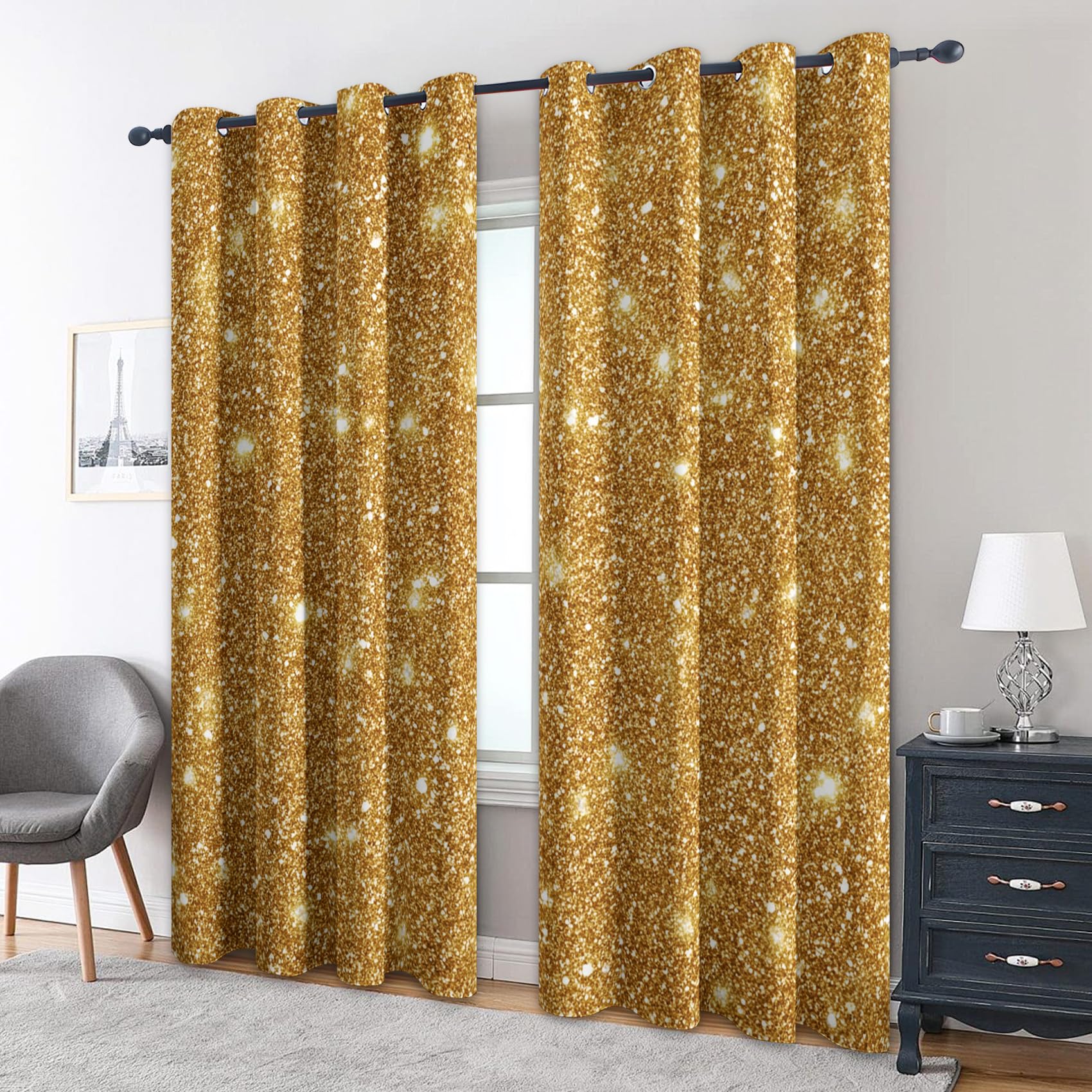 Generisch Blickdichte Vorhänge Glitzerndes Gold Muster, H 160 x B 140 2er Set - Moderne Kunst Luxus Fenster Gardinen mit Ösen, 160 cm Lang Curtains Wohnzimmer Schlafzimmer Deko SX&159