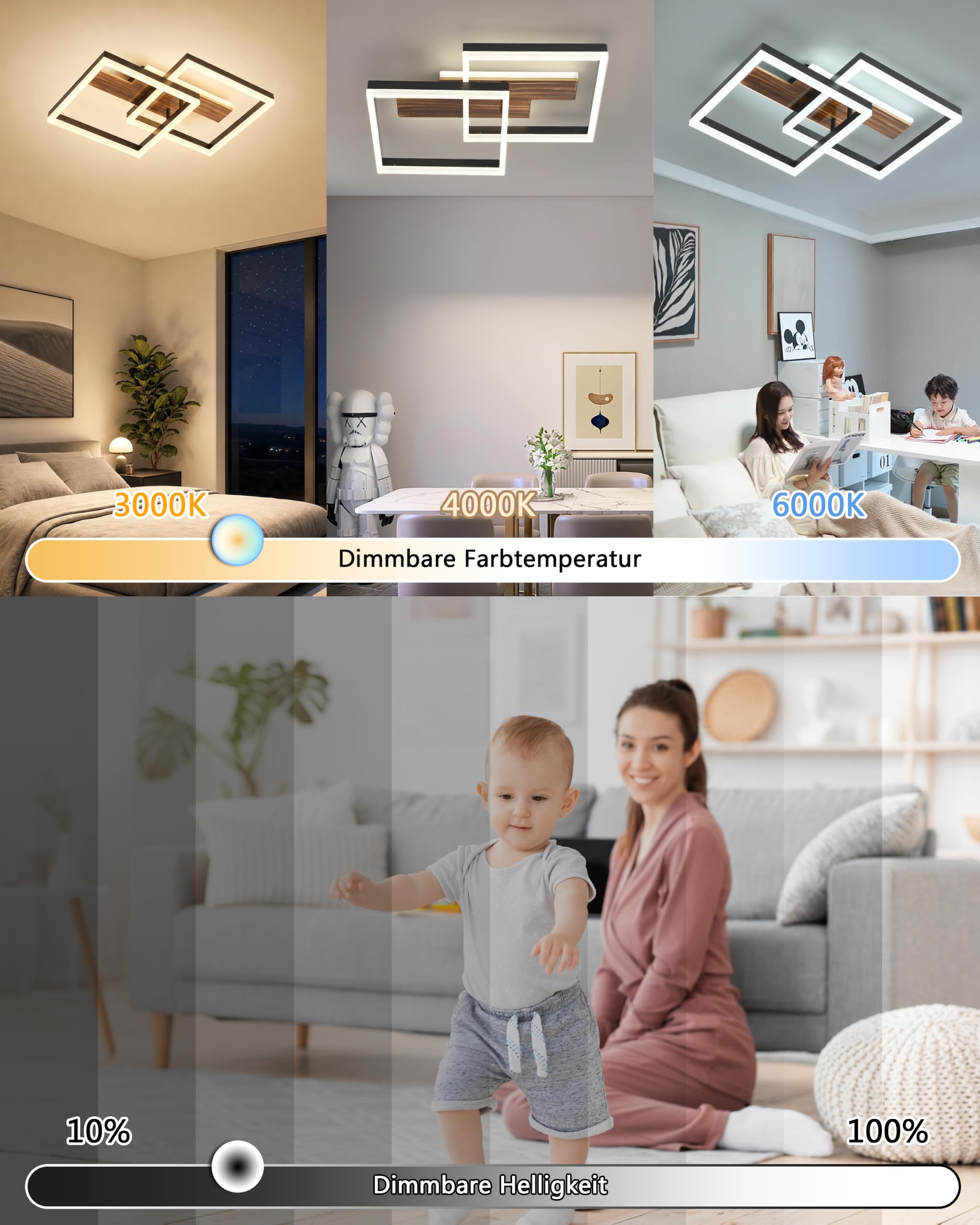 LED Deckenleuchte Holz dimmbar, Massivholz schwarz Vintage Deckenlampe, 48W 50cm 4000lm 3000-6000K mit Fernbedienung, Schlafzimmerlampe Wohnzimmerlampe, Memory-Funktion, 5W Nachtlicht