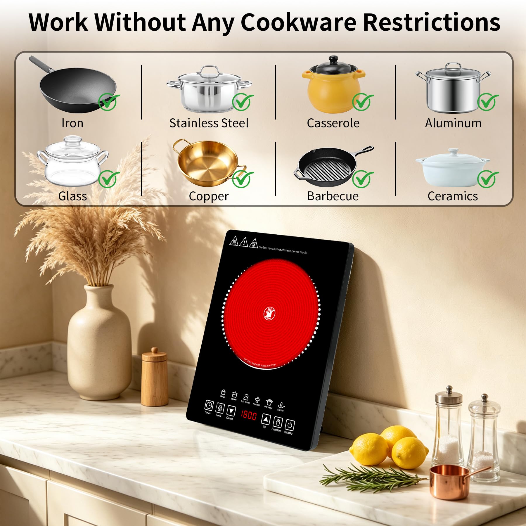 Wesonorous Single Burner Electric Cooktop,110V 1800W Electric Stove Top with LED Touch Control,9 Power Levels, 3 hTimer, Safety Lock,single burner cooktop Overheat protection view 5