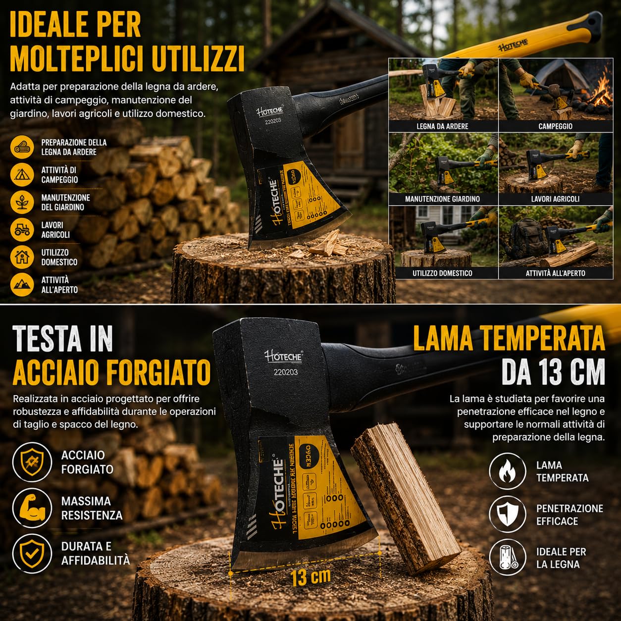 Mazza Accetta Spaccalegna 1250 g Manico 80 cm ABS Antiscivolo Ascia Legna Acciaio Forgiato Lama Temperata 13 cm