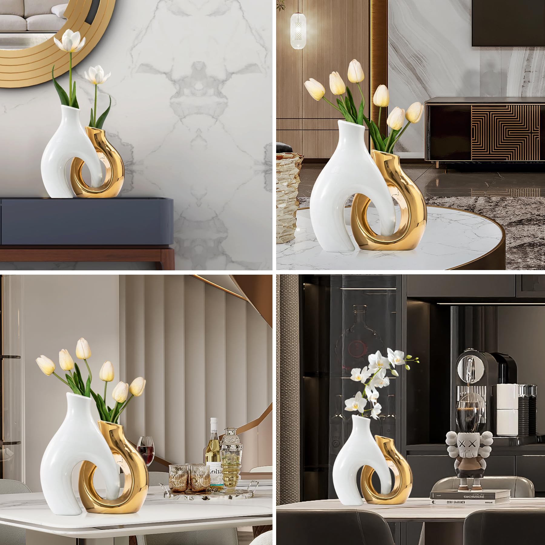 Jarrones blancos y dorados, juego de 2 jarrones de flores, bonito jarrón bohemio para decoración del hogar, jarrón hueco moderno de cerámica para centros de mesa 5