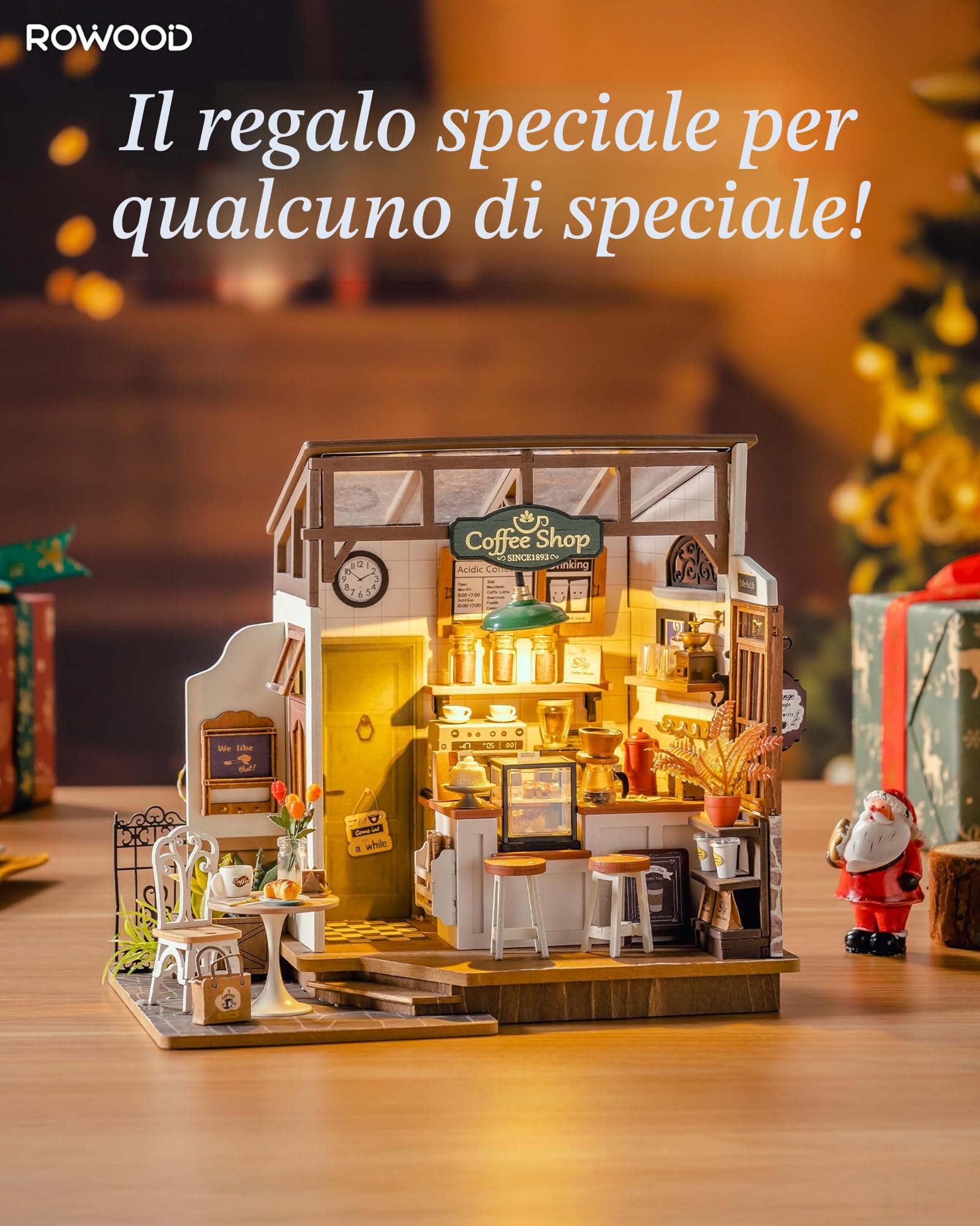 ROWOOD Miniatura Casa Delle Bambola Caffè, Fai Da Te Mini Casa in Legno Con Luci LED Per Adulti Da Costruire, Creativi Regalo Di Vacanza