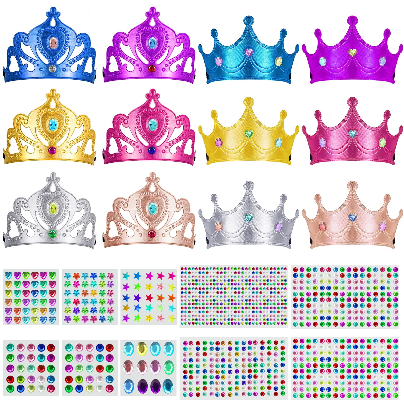 Anvin Pack of 12 Foam Crowns Tiaras with Gem Diamond Stickers for DIY Your Own Princess Queen Tiaras Prince King Crowns Kids Birthday Party Hats(Hundreds of Self-stick Gems and 1 Adhesive Tape)