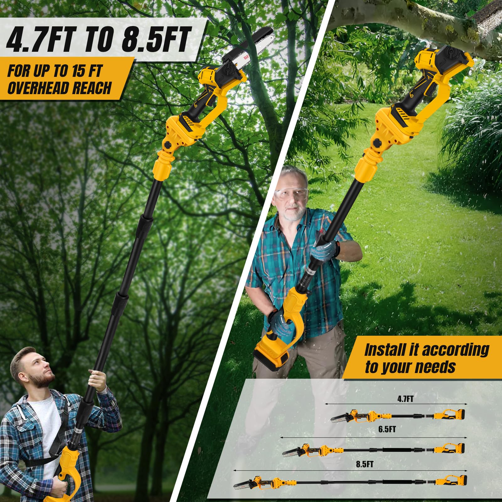 Perche Élagueuse Télescopique Électrique Compatible avec Dewalt 18V (sans batterie), 6 Pouces Mini Tronçonneuse sans Fil Tête Pivotante à 180 °, Graisseur Automatique léger et maniable