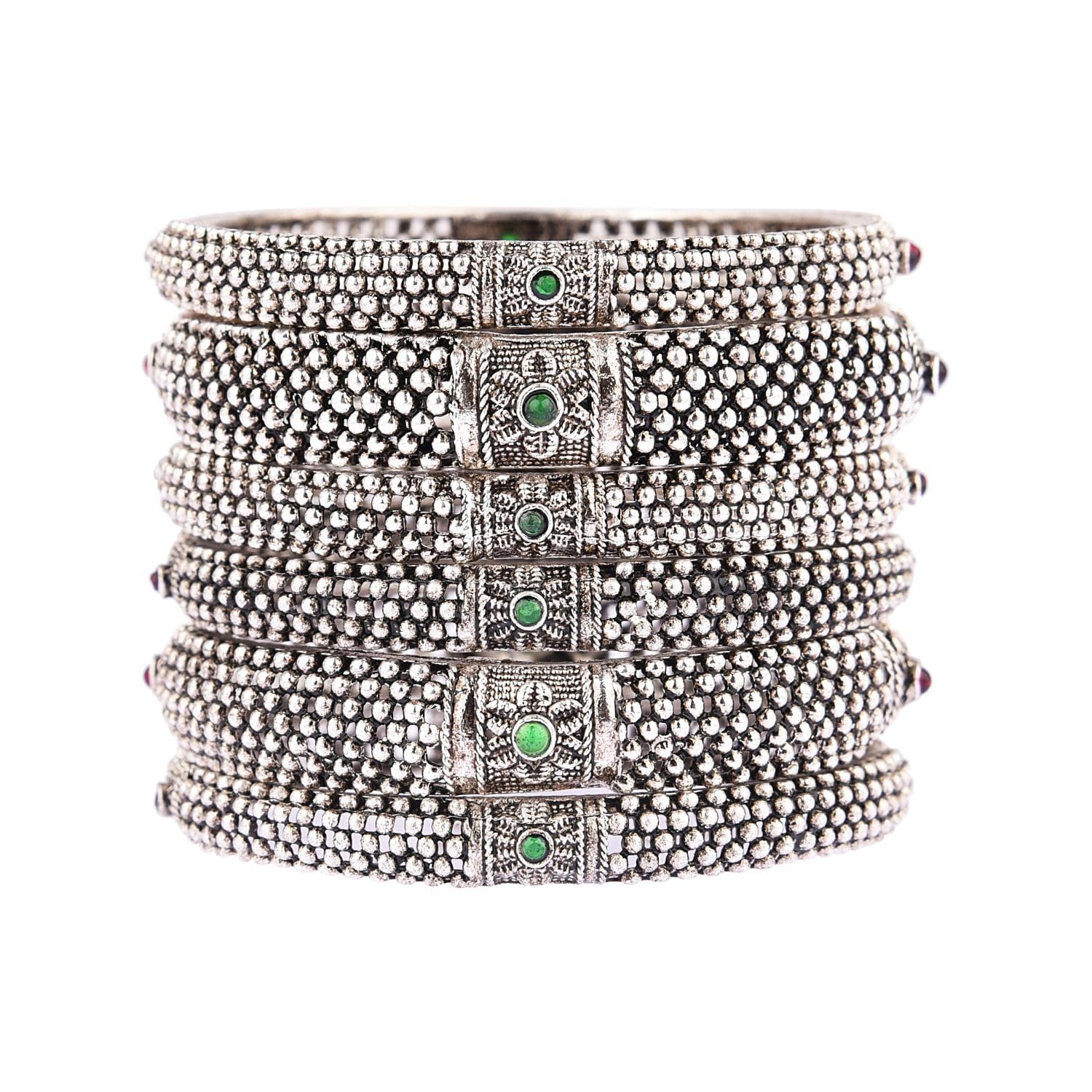 - Indian Bangles for Women Oxidized Antique Bracelet Bangle Set Boho Oxidized Crystal Floral Bracelet Bangles Bollywood Wedding Fashion Jewelry (6 Pcs)