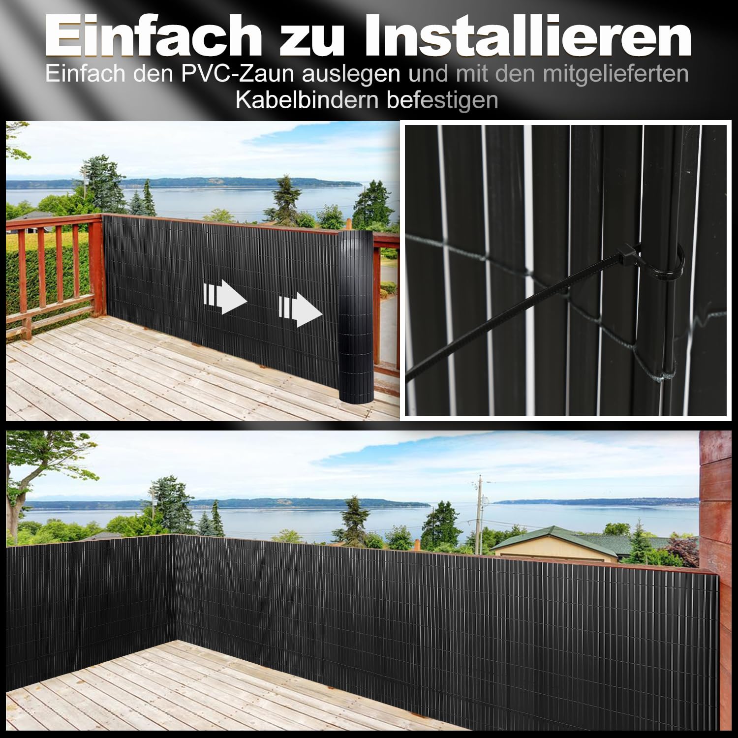 Sichtschutzmatte, PVC Sichtschutzzaun, 4-Gewicht-Verstärkung, 0.9 x 8M Sichtschutz für Zaun Balkon, Gartenzaun mit Kabelbindern, Windschutz UV-beständig, für Balkon Garten Terrasse, Anthrazit