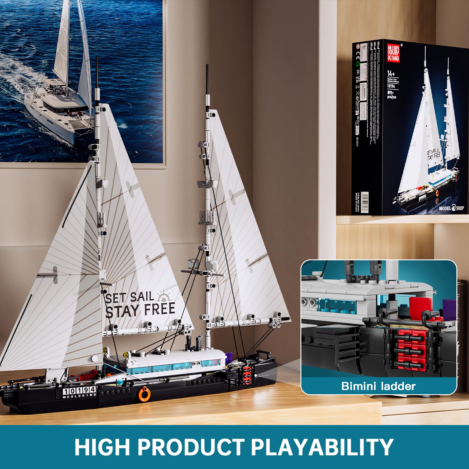 Mould King 10194 Bloques de construcción para barco con velas de tela - Modelo grande de velero - Compatible con otras marcas (893 piezas)