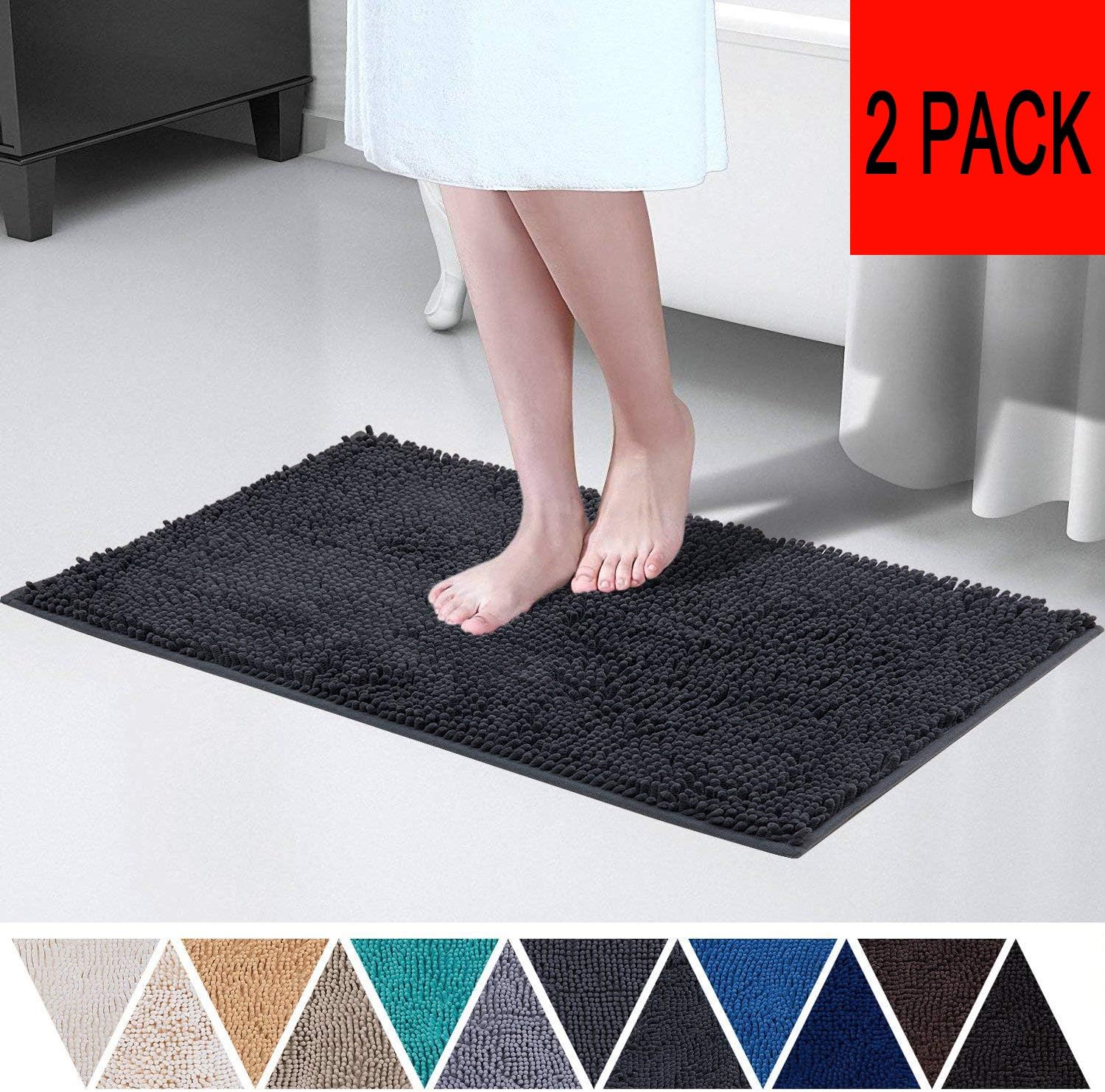 DEARTOWN TPR Non-Slip Soft Microfibers of Bathroom Kitchenroom Rug Multi-Pack Machine-Washable Shaggy Bath Mats(20x32 Inches,Dark Gray-2 Pieces)
