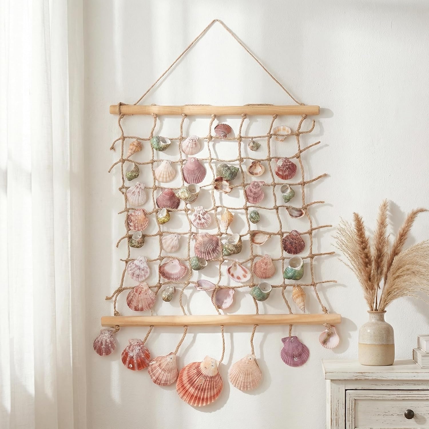 DECHOUS Sea Shell Wall Hanging Decor: Beach Ocean Macrame Wall Hanging Seashell Decor for Home Coastal Beach Themed Room - 20x15 Inch
