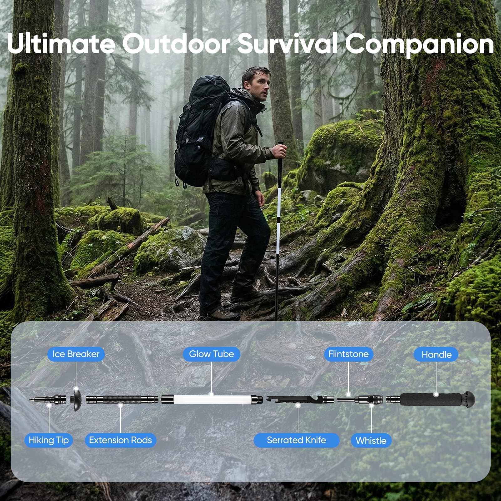 Bâtons de randonnée 12-en-1, Bâtons de Survie multifonctionnels avec poignée en Aluminium Ajustable, Idéal pour la randonnée, Le Camping et l'alpinisme. Cadeau Parfait pour Homme