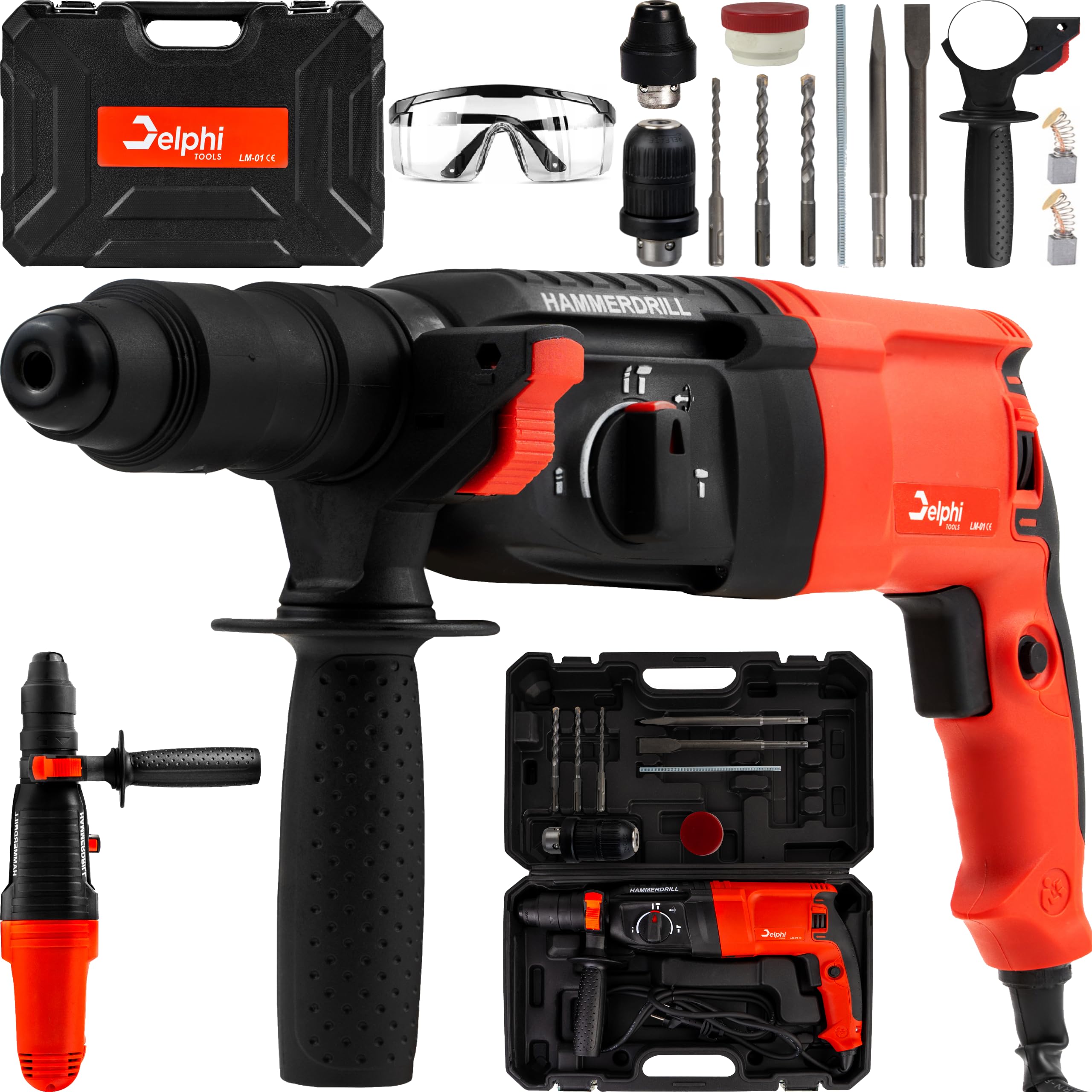 Delphi Set Trapano a Percussione SDS Plus 800W-2600W, 4J, 4000/min, con 3 Punte 6/8/10mm, Martello per Foratura, Impugnatura Aggiuntiva, 15 Accessori Inclusi