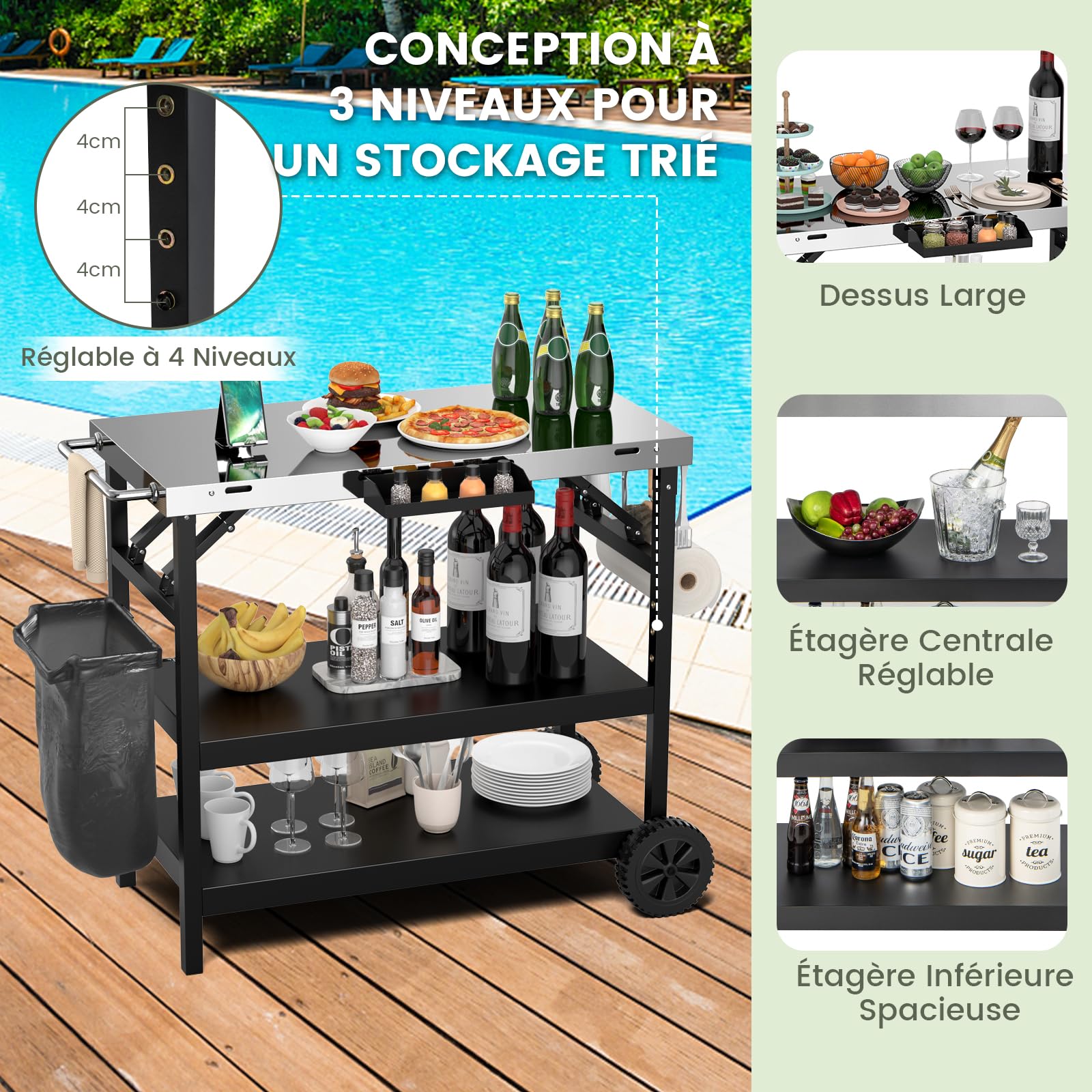 GYMAX Chariot Barbecue Pliable 3 Niveaux, Desserte Jardin Mobile avec 2 Roues, Robuste en 201 Acier Inoxydable, avec Tablette à Épices, Porte-Poubelle, Porte-Mouchoirs,106x52x84cm