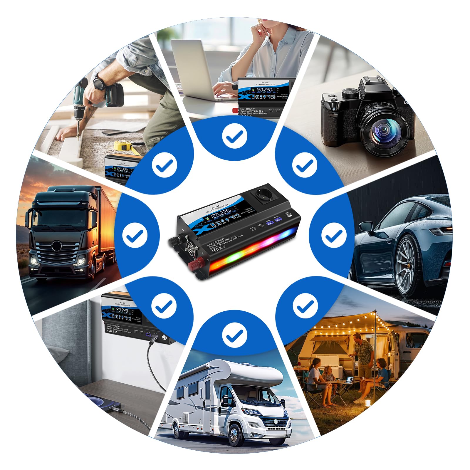 Inverter 12V/24V a 220V 1200W, Invertitore di Tensione per Auto con 2 Prese AC, 2 USB & 2 Type-C, Accendisigari e Display LED, per Camper e Campeggio