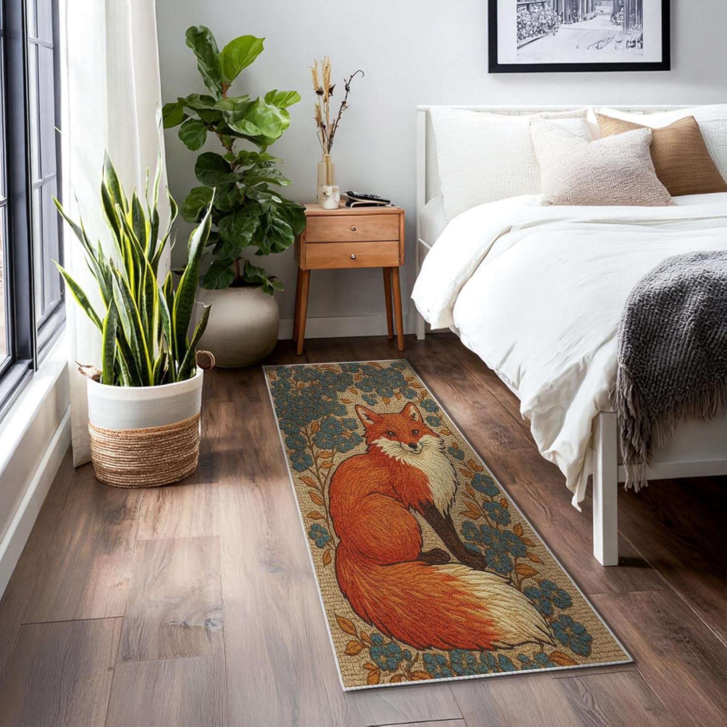 Fox Runner Rug, Nature Fanciful Flowers Leaves Fall Orange Low Pile Aesthetic Rectangle Home Floor Carpet for Kitchen Bedside Entryway Hallway Decor 2x6 Ft