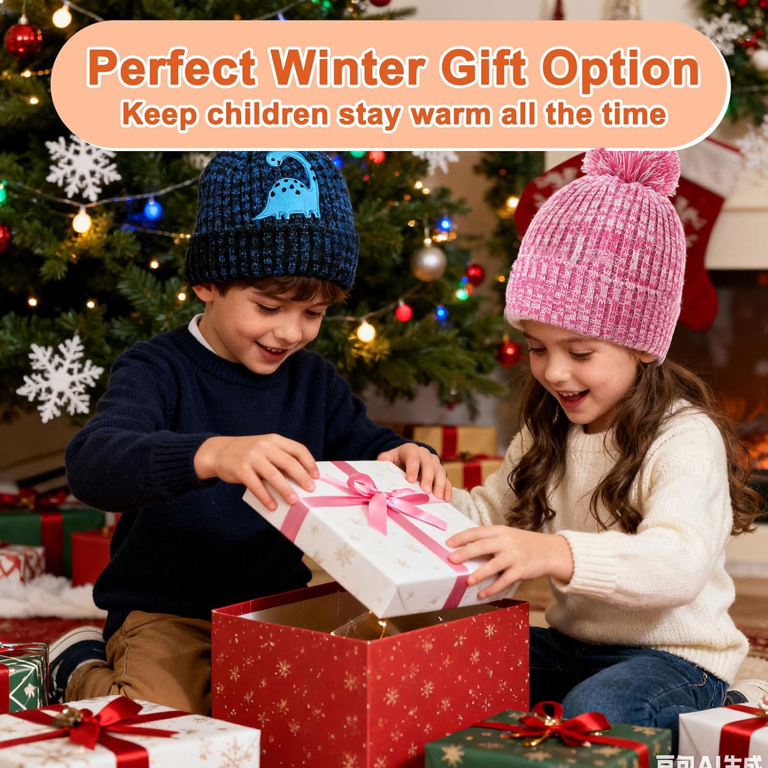 Kids Dinosaur Hat Scarf Gloves Set, Winter Warm Fleece Pompom Beanie Knit Scarf Christmas Gifts for Girls Boys 4-10 yr - Image 7