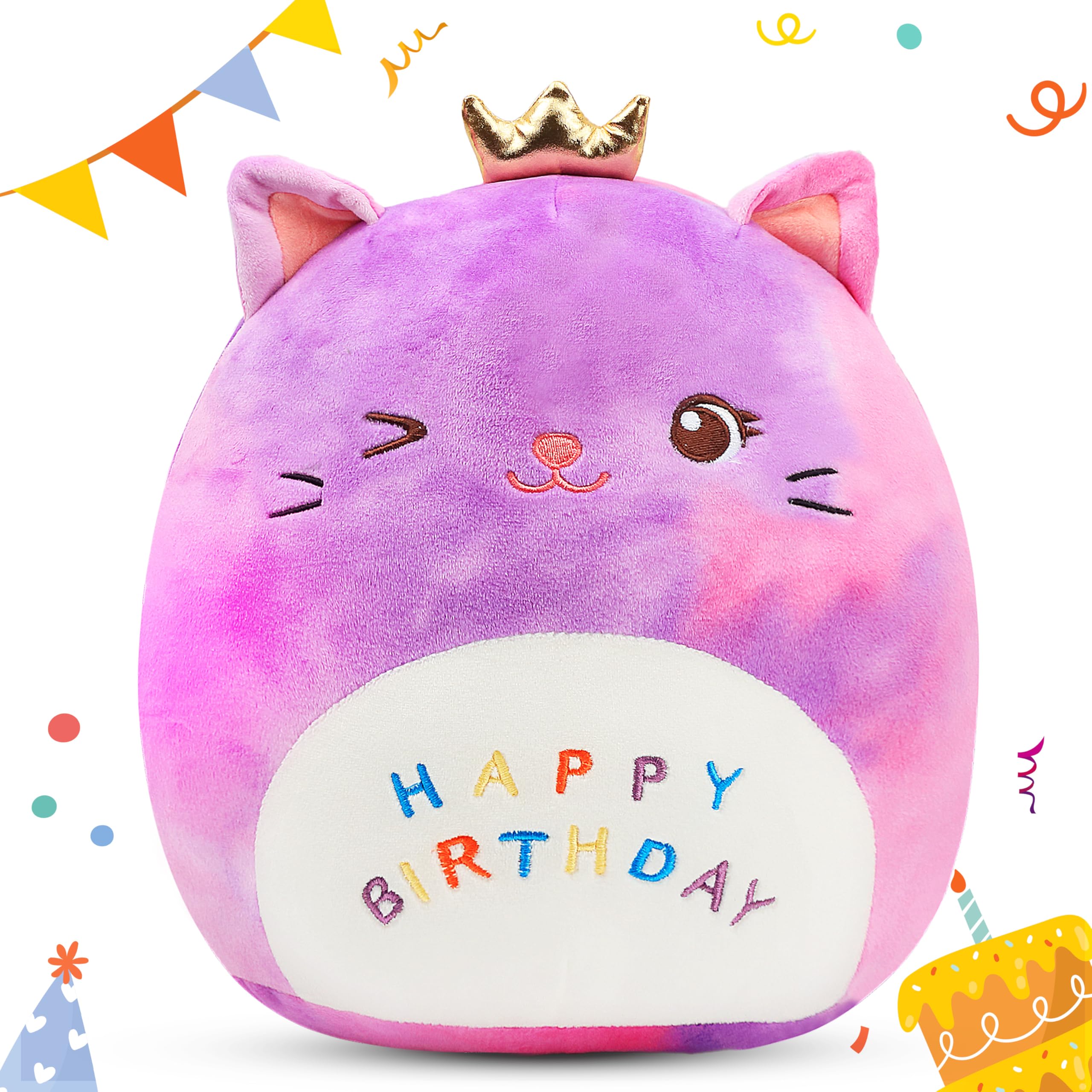 Easfan 12'' Rainbow Birthday Kitty Plush Pillow Soft Cat Plush Toy Cute Kitty Stuffed Animal Home Room Decoration Birthday Gifts for Kids Toddlers