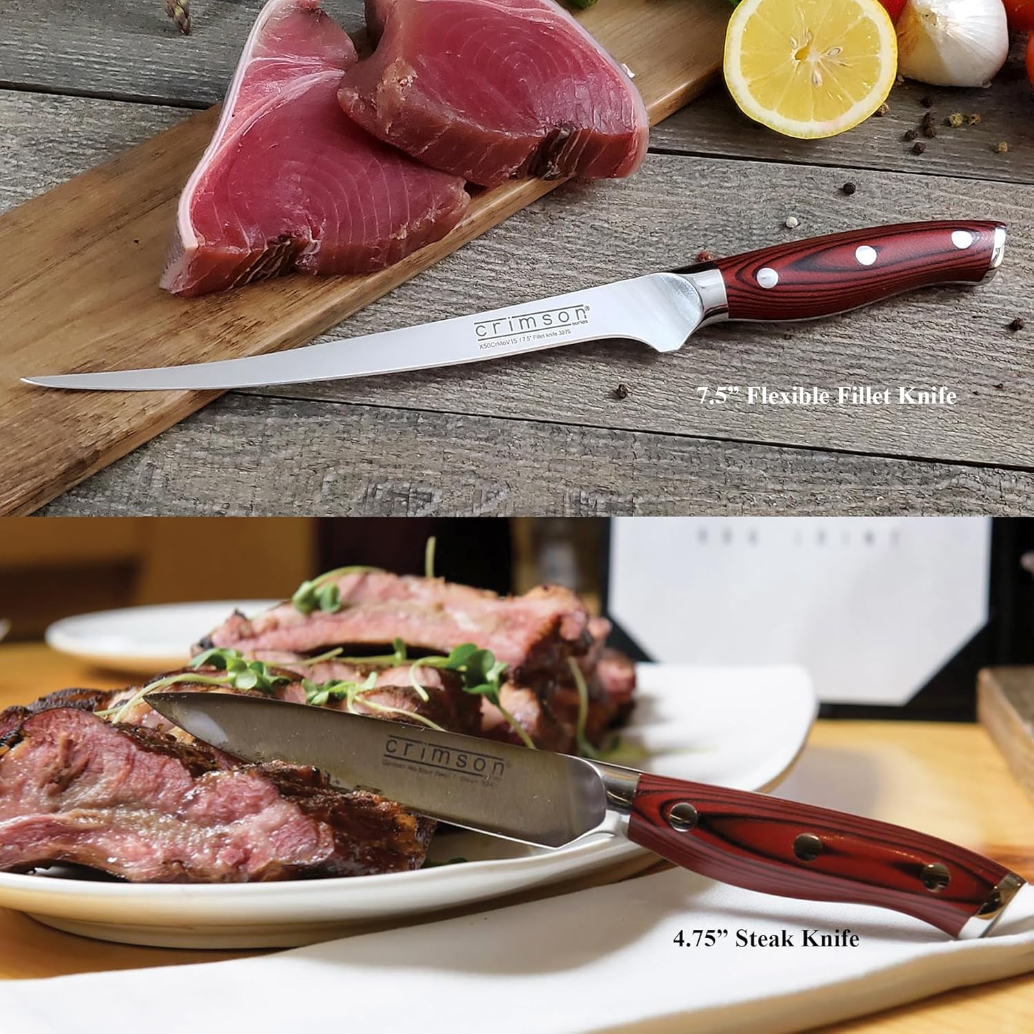 Ergo Chef Crimson Series Bamboo Block knife Set Forged High Carbon X50CrMoV15 German Stainless-Steel, Full Tang, G10 Handles (16pc. Block Set)