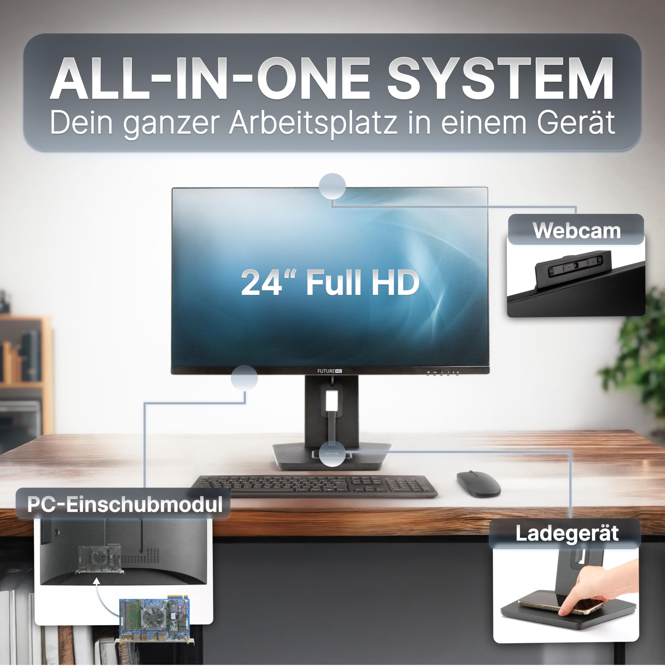 FutureAIO 24" All-in-One i5 • Desktop-PC mit PC-Modul zum Einschieben • Höhenverstellbar & Neigbar • Intel® Core-i5 12-Core • 32 GB RAM, 512 GB SSD, Win 11 Pro • HDMI & 2X DP/USB 3.2