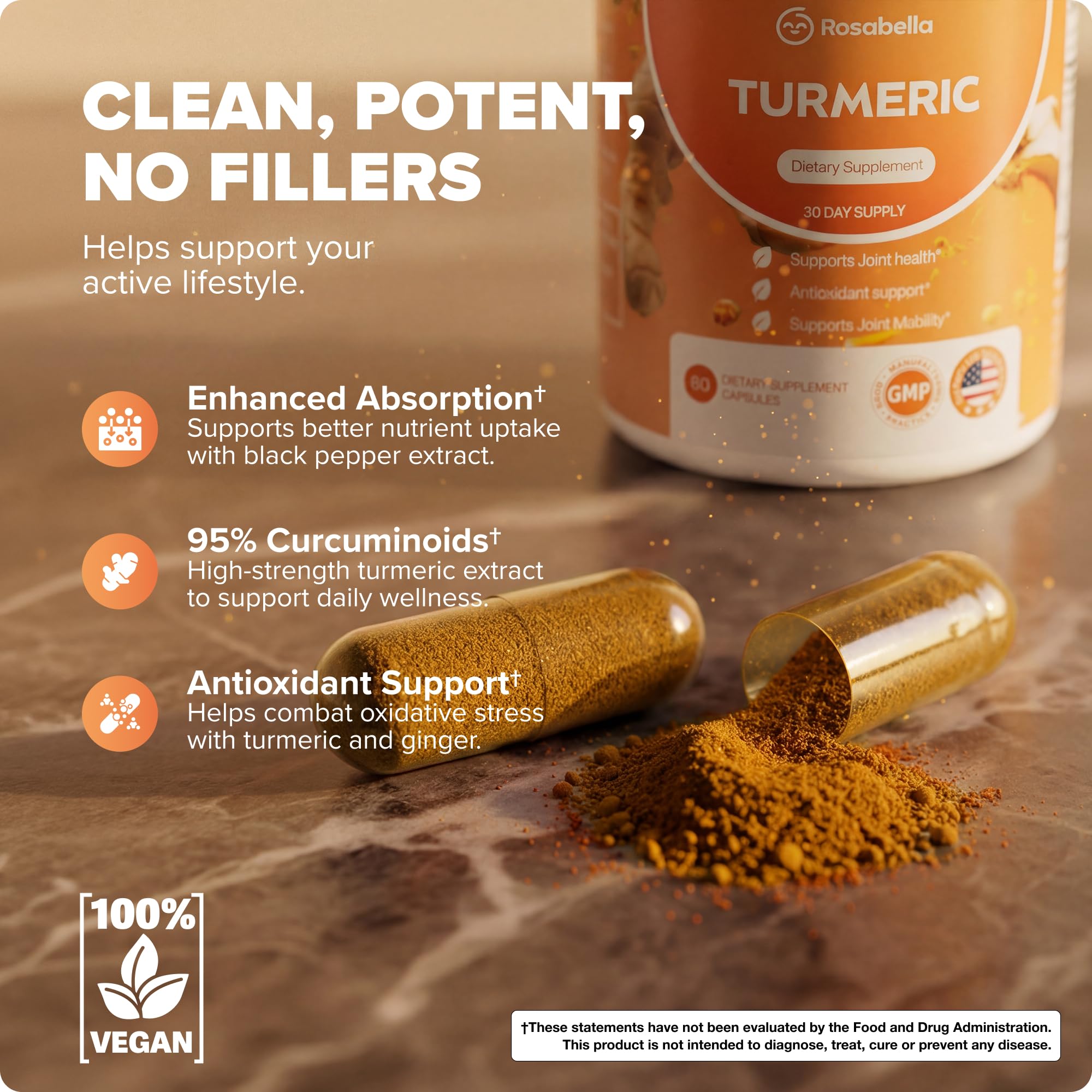 Rosabella Turmeric Curcumin Supplement – Organic Turmeric Supplement with BioPerine & Ginger, Turmeric Capsules for Joint Comfort, Mobility & Antioxidant Wellness – 60 Count (Pack of 1) — Amazon image 5