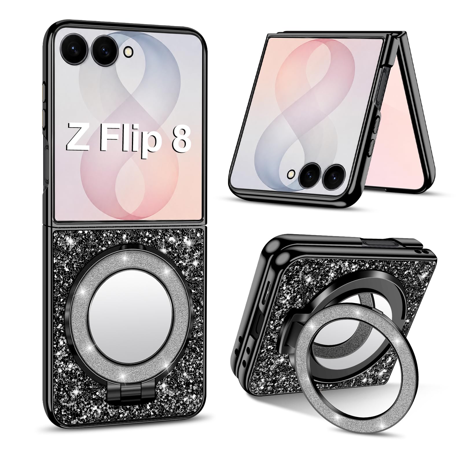 Silikon-Schutzhülle für Samsung Galaxy Z Flip 8 5G, Glitzer, glitzernd, matt, mit Mag-Safe, Make-up-Spiegel, Ständer, stoßfeste Schutzhülle für Samsung Z Flip 8, Schwarz