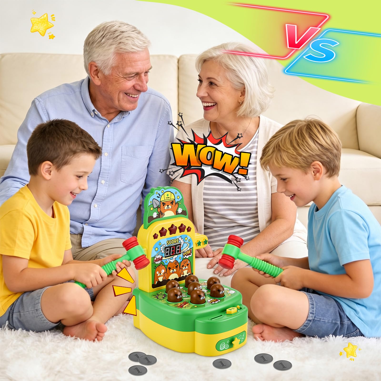 Gioco Colpisci la talpa per bambini Giocattolo musicale interattivo con 2 martelli per promuovere le capacità motorie Giocattolo educativo con luci ed effetti sonori, gioco arcade display LCD, verde