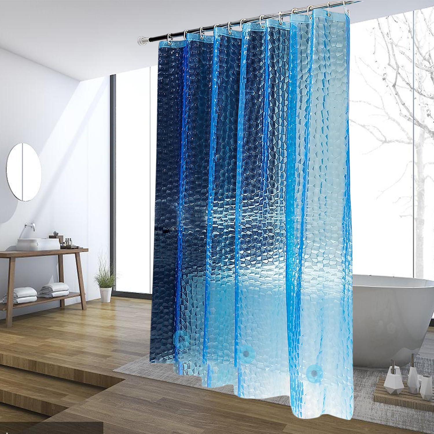 Blue Shower Curtain Liner, 100% Waterproof EVA 3D Shower Curtains with 3 Duty Heavy Bottom Magnets and 12 Rust Proof Grommets, 72x72 Weighted Shower Liner for Shower Stall, Bathtubs