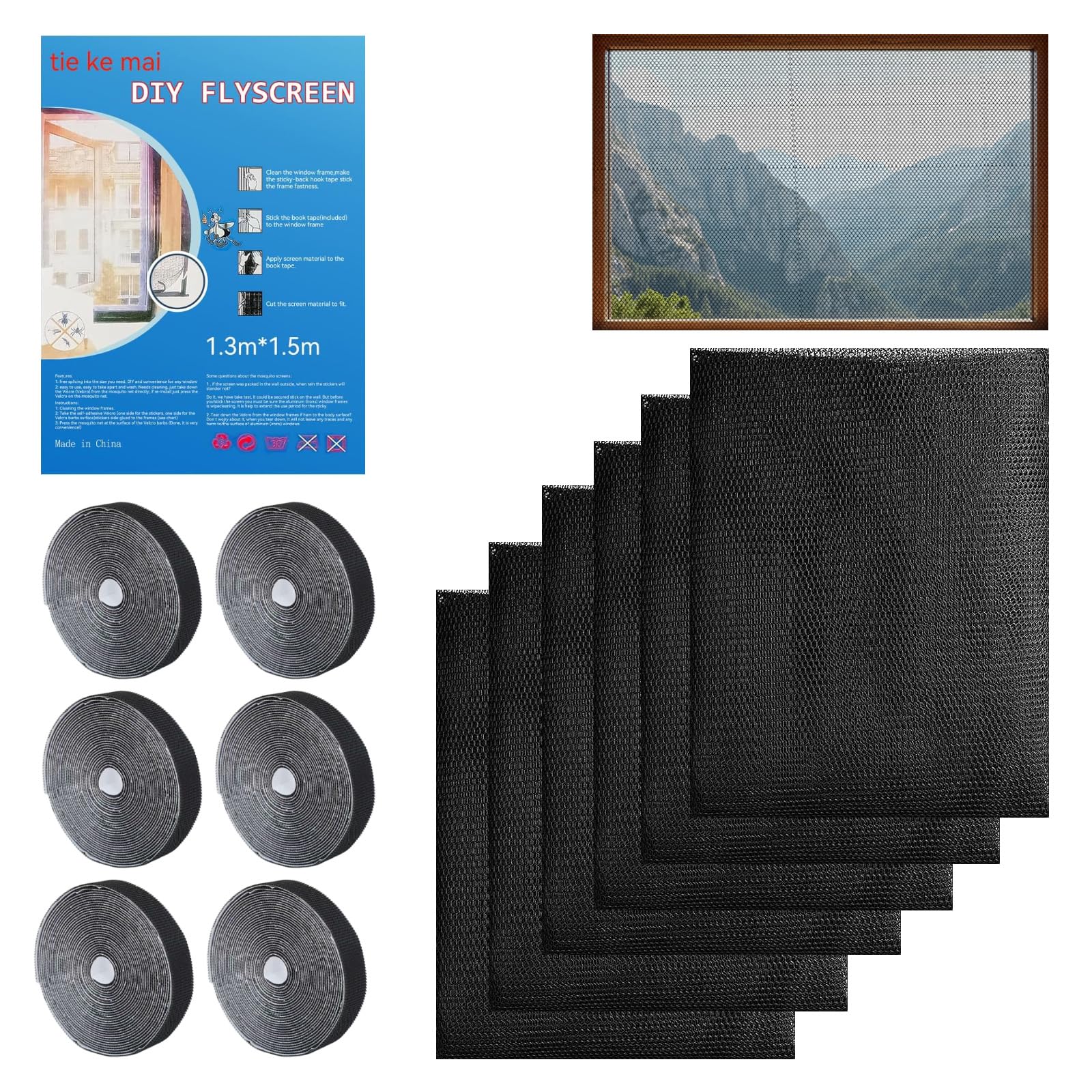 6 Pezzi Zanzariera Finestra 130x150 cm, Zanzariere per Finestre con Chiusura a Strappo, Rete Zanzariera Adesiva Ritagliabile, Senza Foratura, per Qualsiasi Forma Della Finestra, Nero