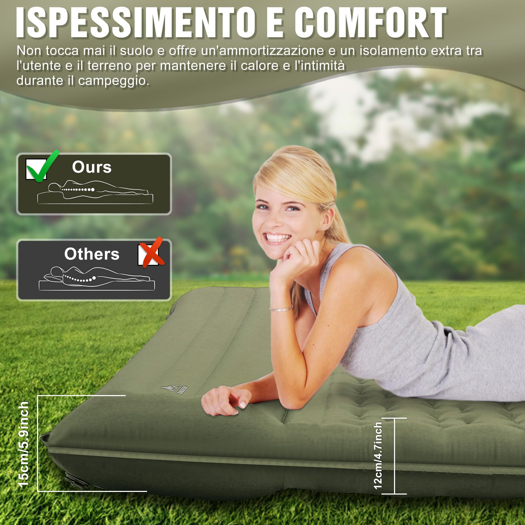 IEEILULU Materassino Campeggio, 196 * 140cm Materasso Gonfiabile Matrimoniale con Cuscino, Materassino Ultraleggero Autogonfiabile per 2 Persone Campeggio Backpacking Viaggio Spiaggia (Verde scuro)