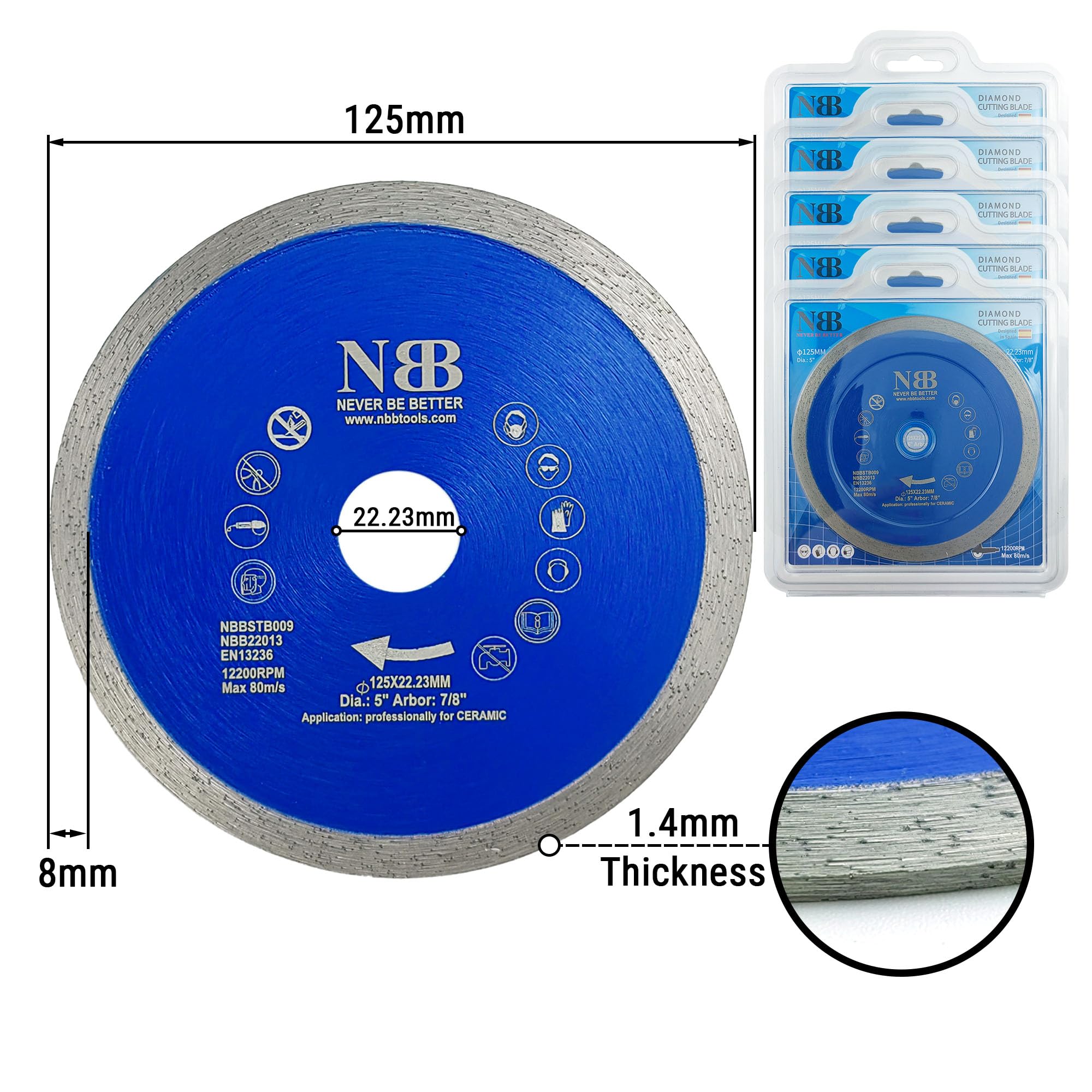 NBB Disco de corte de diamante sierra de diamante con altura de 8mm cuchilla continua espesor 1,4mm hoja diamante corte profesional de Porcelanico Cerámica Azulejo Mármol Granito Piedra (5,125mm)