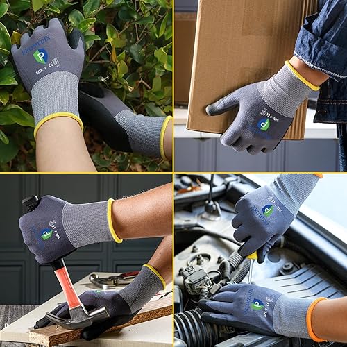 Miniatura 5 de PROMEDIX P Guantes de trabajo recubiertos de nitrilo, 12 pares de guantes de trabajo de seguridad para hombre, EN388-4131, guantes de nailon y