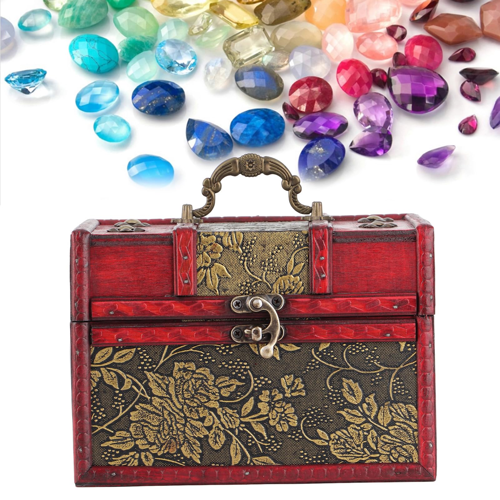 Organizer na biżuterię w stylu europejskim – przenośna drewniana witryna z zawiasami w stylu vintage, kompaktowe przechowywanie pierścionków i kolczyków (14 x 8,9 x 8,9 cm)