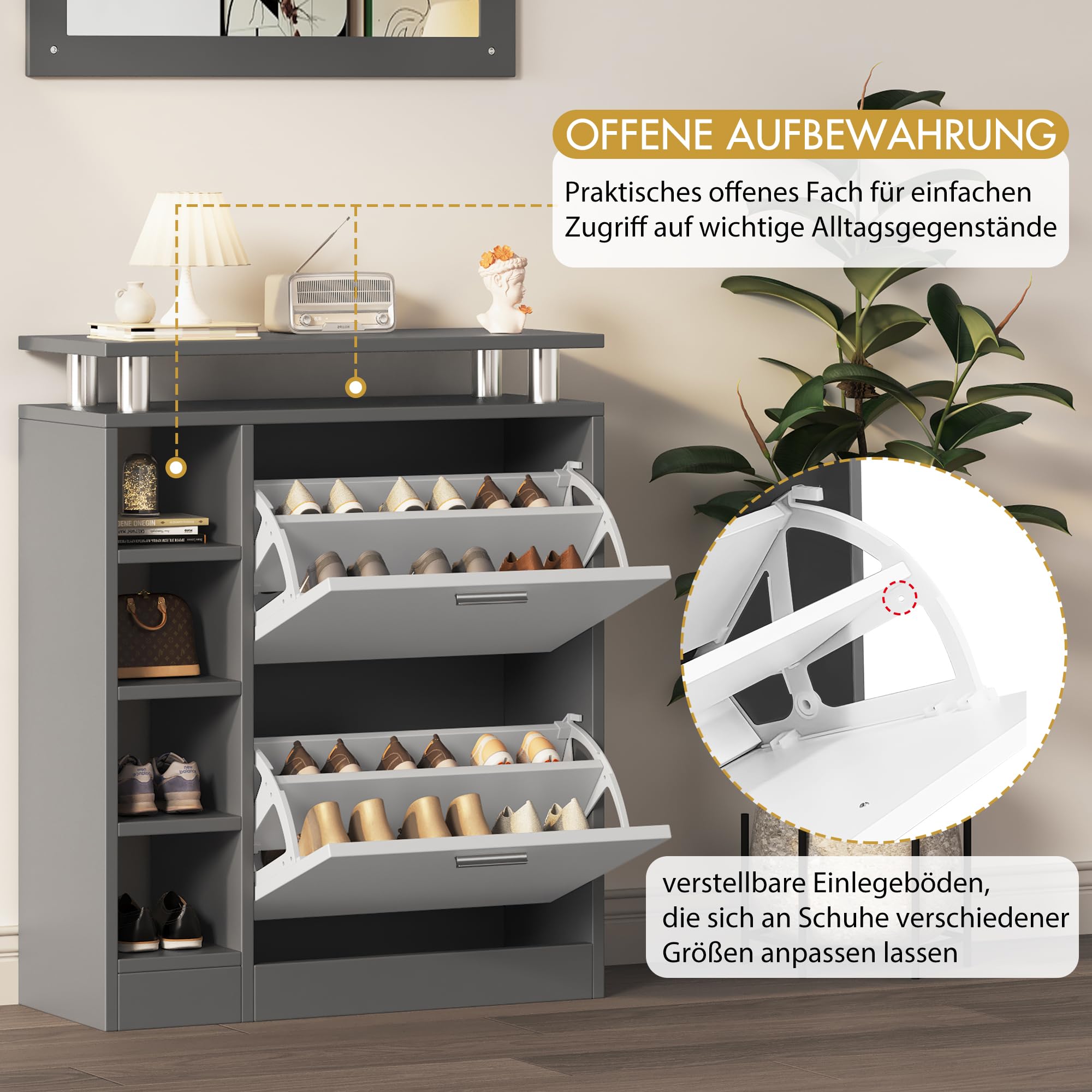 Merax Garderoben-Set 3-teilig, Flur Garderoben Komplettprogramme mit Schuhschrank, Wandspiegel, Garderobenpaneele, Grau & Weiß