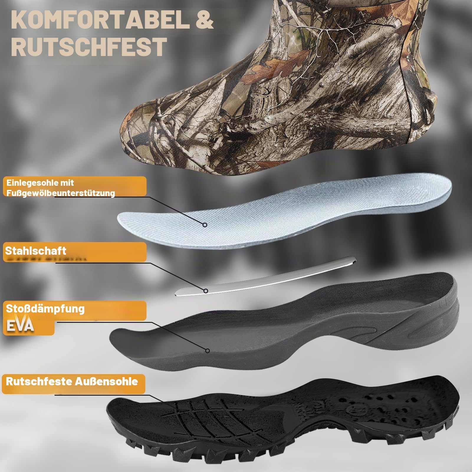 Gummi-Jagdstiefel für Herren mit 800 g Isolierung, wasserdicht, isoliert, 6 mm Neoprenschuhe für Outdoor-Jagd (Next Camo, Größe 39-42)