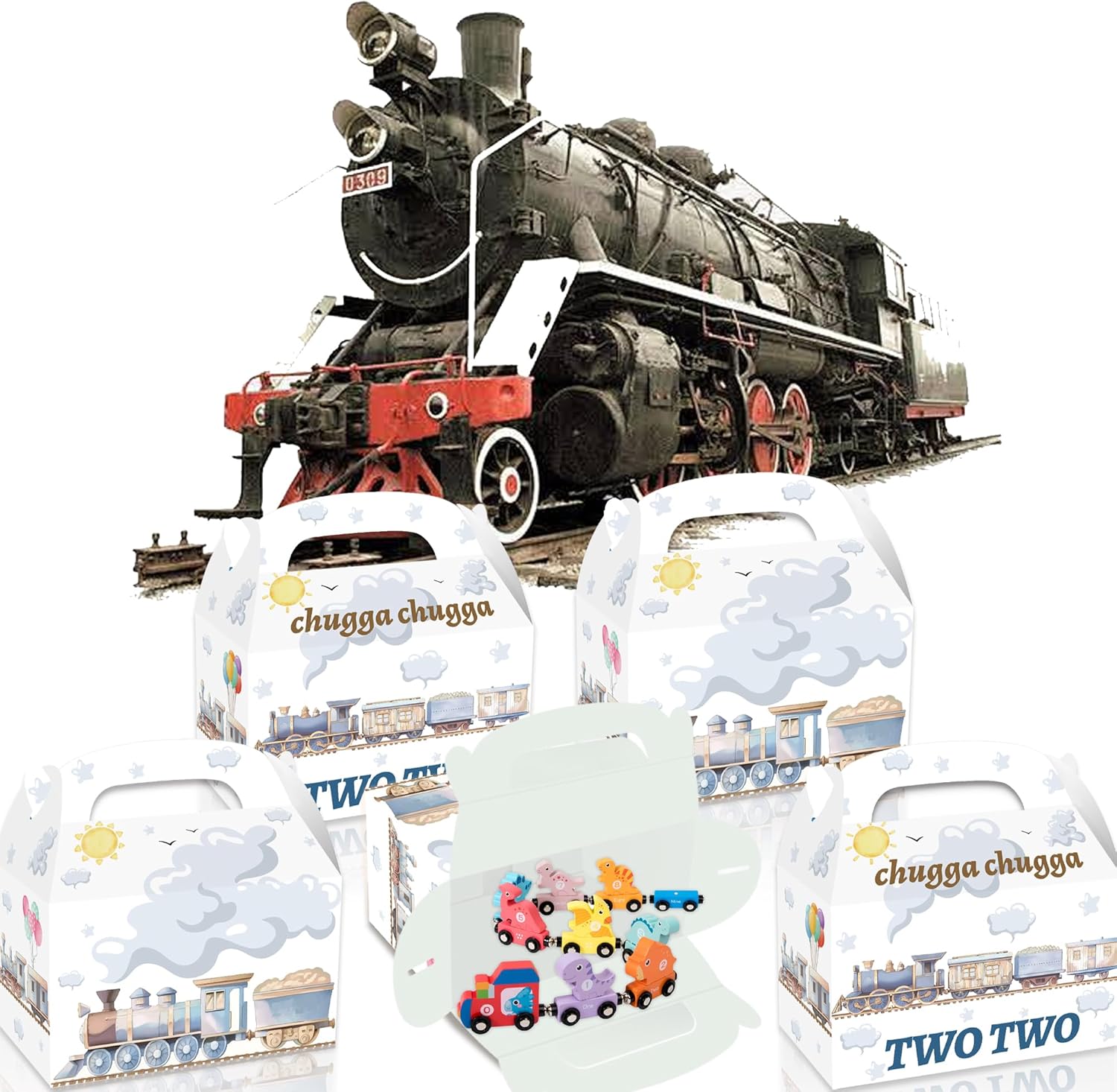 Bialowase 12 Pack Train Party Favor Box, Vintage Train Birthday Party Handheld Paper Box, Train Themed Square Favor Gift Boxes for Birthday Party, Holiday Treats and Events - Image 2