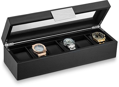 Caja de relojes para hombre - Estuche con 6 compartimentos, fibra de carbono, caja grande, metal, negro