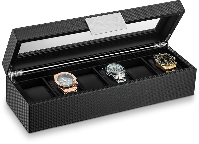 Co 6 Watch Box for Men - Mens Watch Case w Glass Lid - Luxury Carbon Fiber Design Mens Watch Box - Watch Holder for Men w Metal Accents & Sturdy Hinges - Modern & Masculine Watch Display Case